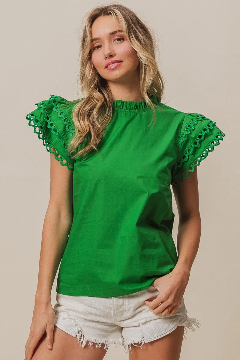 BiBi Solid Woven Circle Trim Ruffle Top Women's Fashion Blouse | Perfect for Casual Outings, Date Nights & Summer Vacations