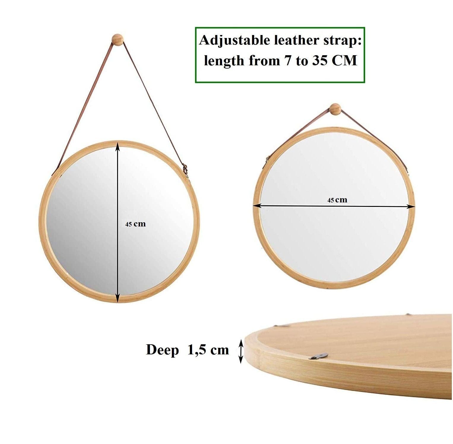 45cm Round Hanging Wall Mirror with Solid Bamboo Frame & Adjustable Leather Strap - Perfect for Bathroom, Bedroom, and Entryway Decor