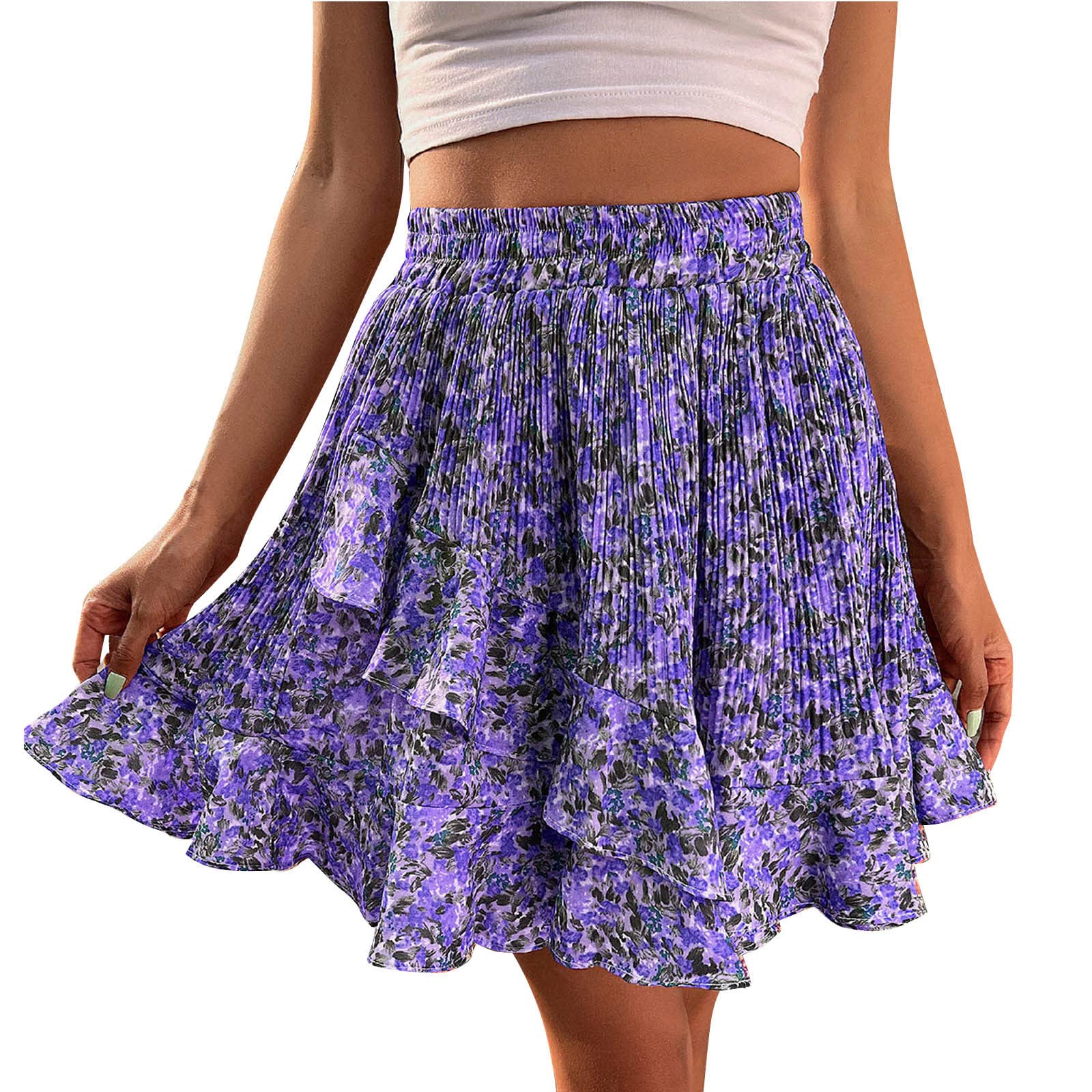 Women's Summer Floral Printed A-Line Mini Skirt with Empire Waist & Ruffle Tiered Design - Perfect for Beach Vacations, Date Nights & Casual Outings
