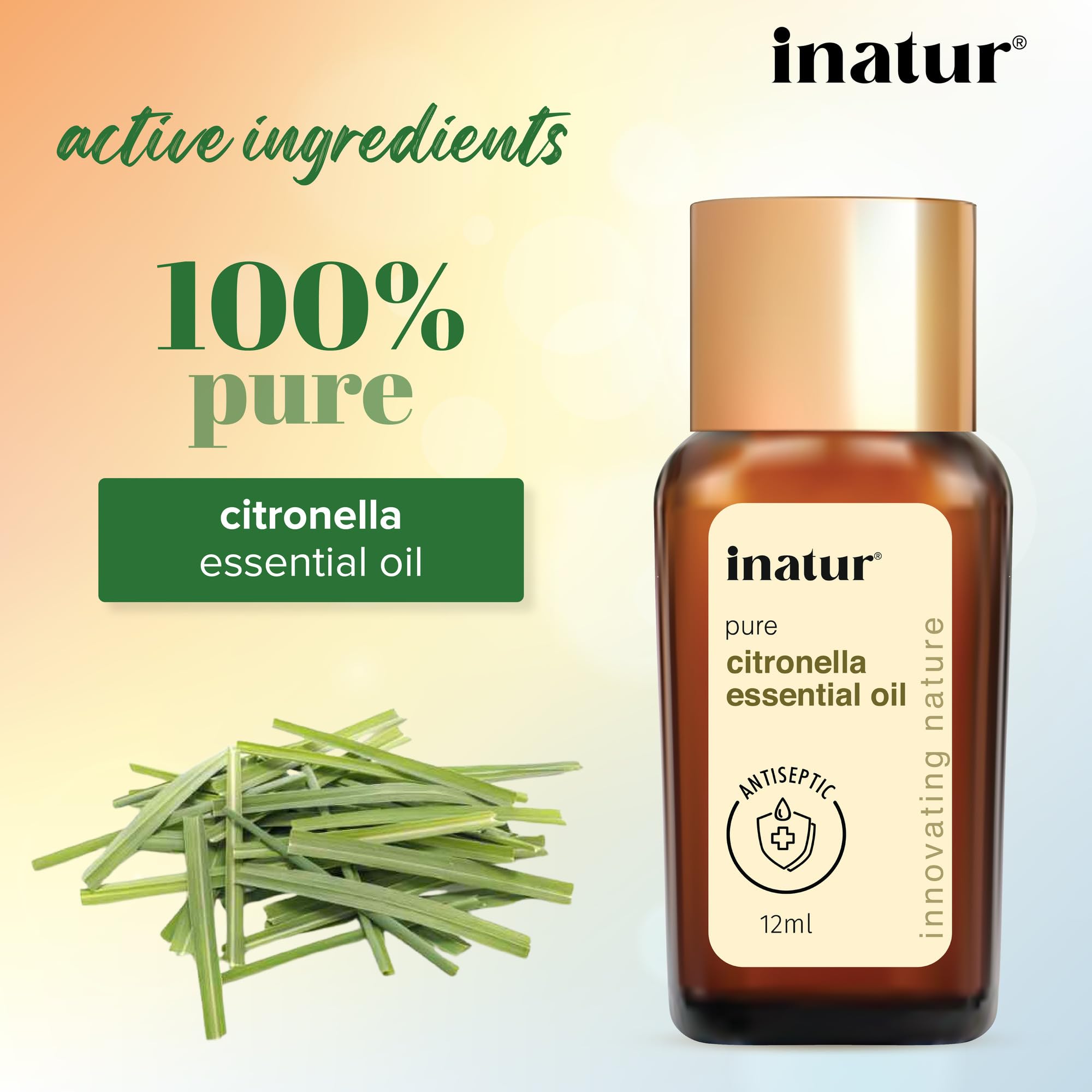 Inatur 100% Pure Citronella Essential Oil - 12ml for Aromatherapy, DIY Skincare & Natural Mosquito Repellent