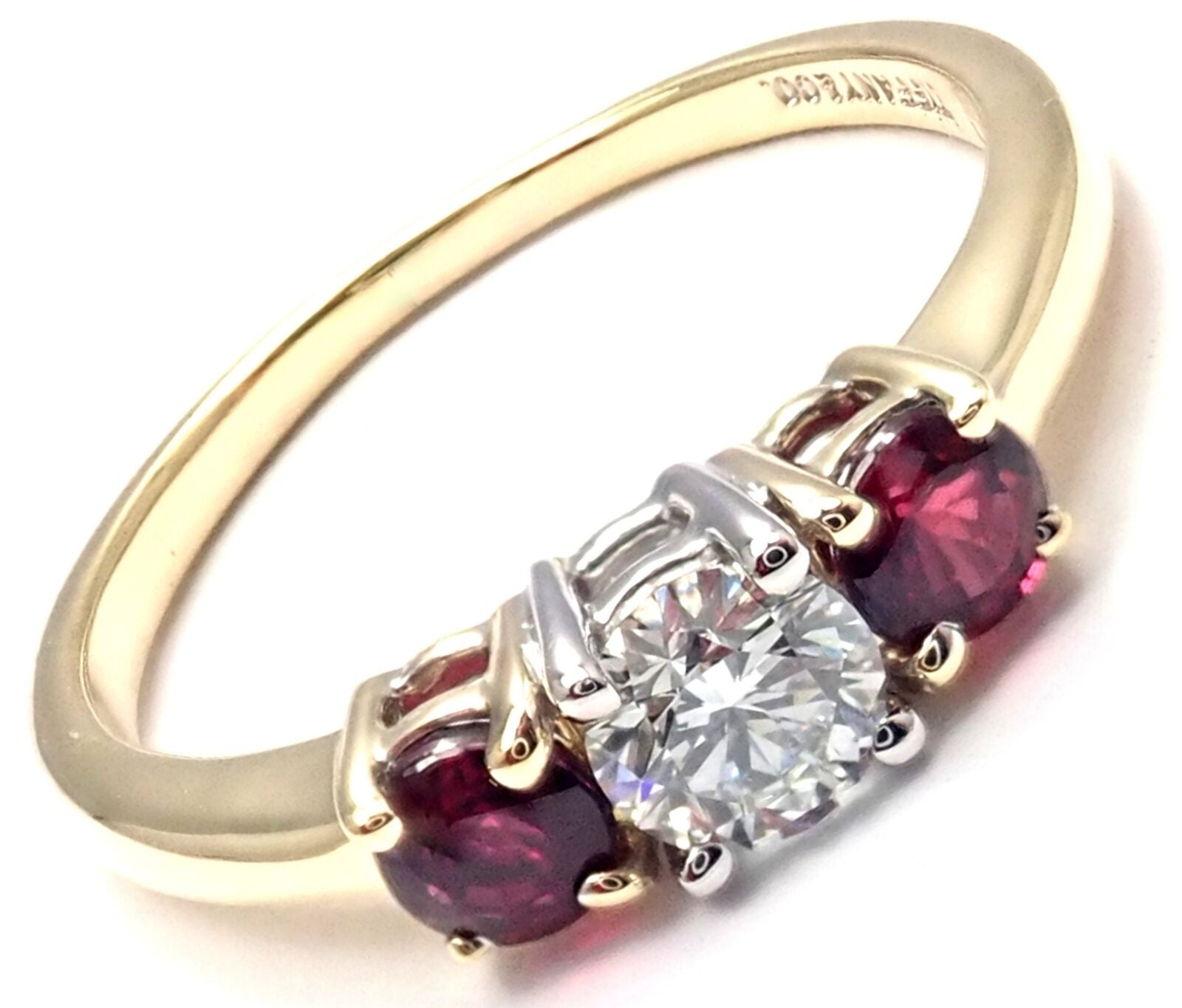 Authentic Tiffany & Co 18k Gold Platinum Three Stone Diamond Ruby Band Ring for Women - Elegant Wedding, Engagement & Anniversary Jewelry Gift