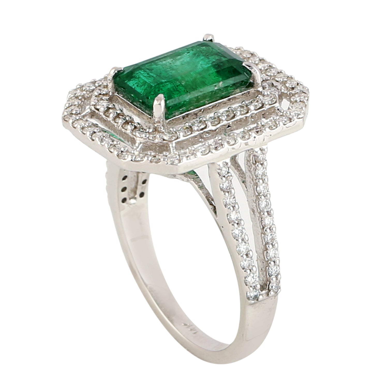 14K White Gold Emerald Cut May Birthstone Ring with Pave Diamond Accents - Perfect for Birthdays, Anniversaries & Special Occasions