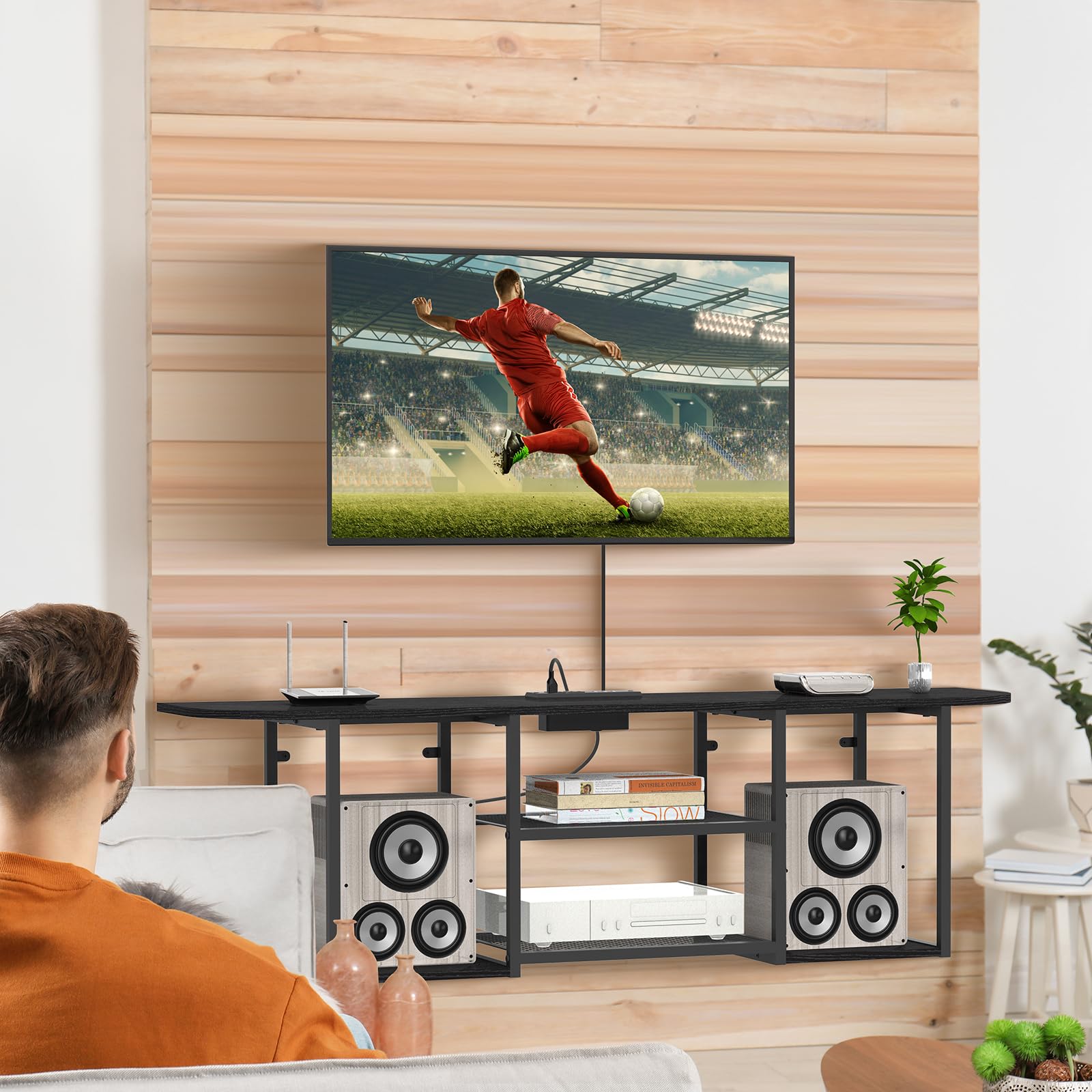 Floating TV Stand with Power Outlet for 50-60 Inch TVs - Wall Mounted Media Console with Open Storage Shelves - Modern Entertainment Center for Living Room & Bedroom (Black) - Perfect for Small Spaces & Home Theater Setup