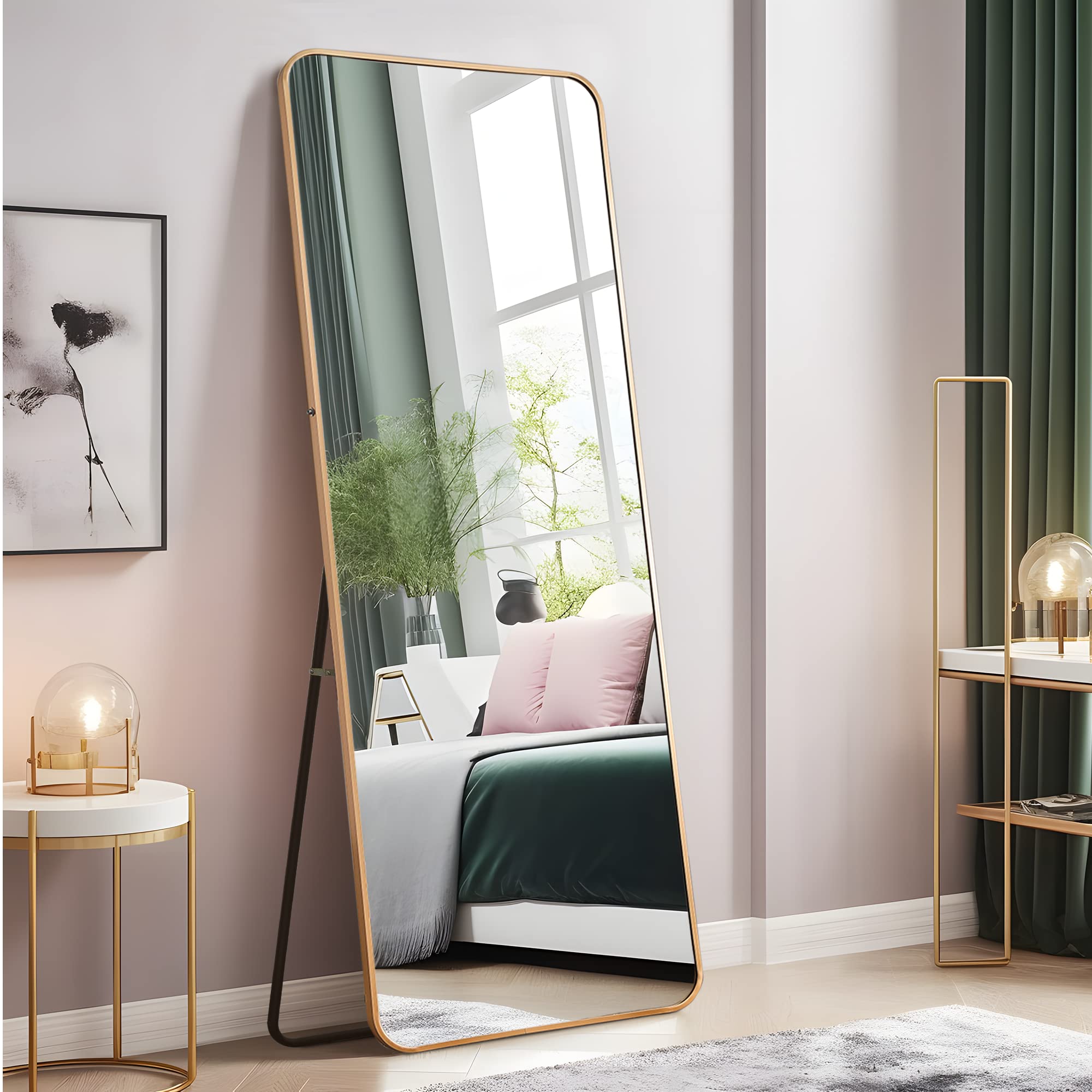 NeuType 65x22 Inch Full Length Mirror with Stand - Large Wall Mounted or Freestanding Dressing Mirror for Bedroom - Aluminum Alloy Frame, Golden Finish, Rounded Corners - Perfect for Home Decor, Outfit Checks & Selfie Backgrounds