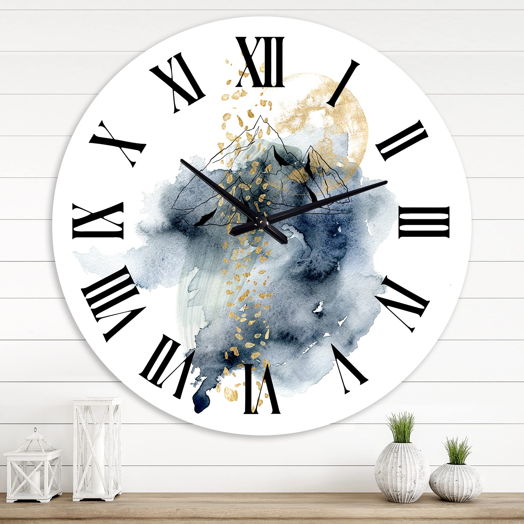 Minimalist Mountain Moon Landscape Wall Clock - Large Abstract Fractal Art Modern Home Decor for Living Room, Bedroom & Office