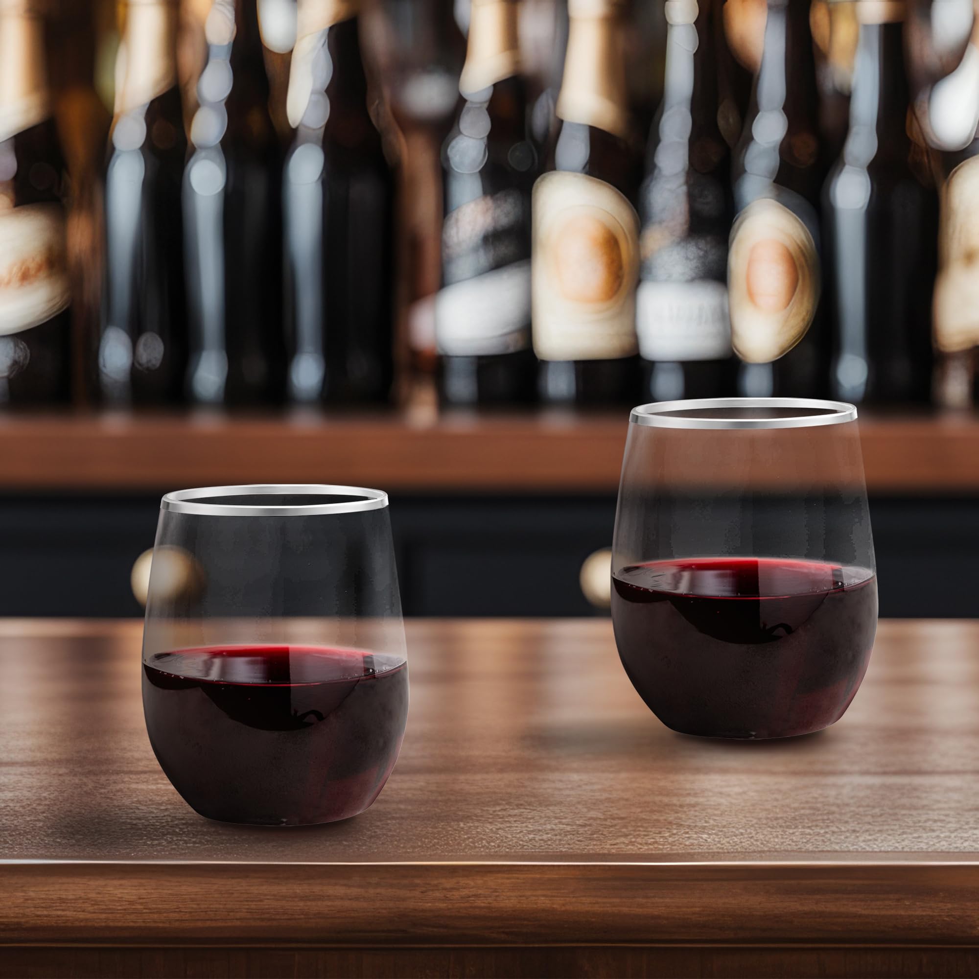 64 Pack Clear Stemless Plastic Wine Glasses 12oz with Silver Rim - Unbreakable Disposable Drinkware for Weddings, Parties, Events - Perfect for Outdoor Gatherings, Picnics & BBQs