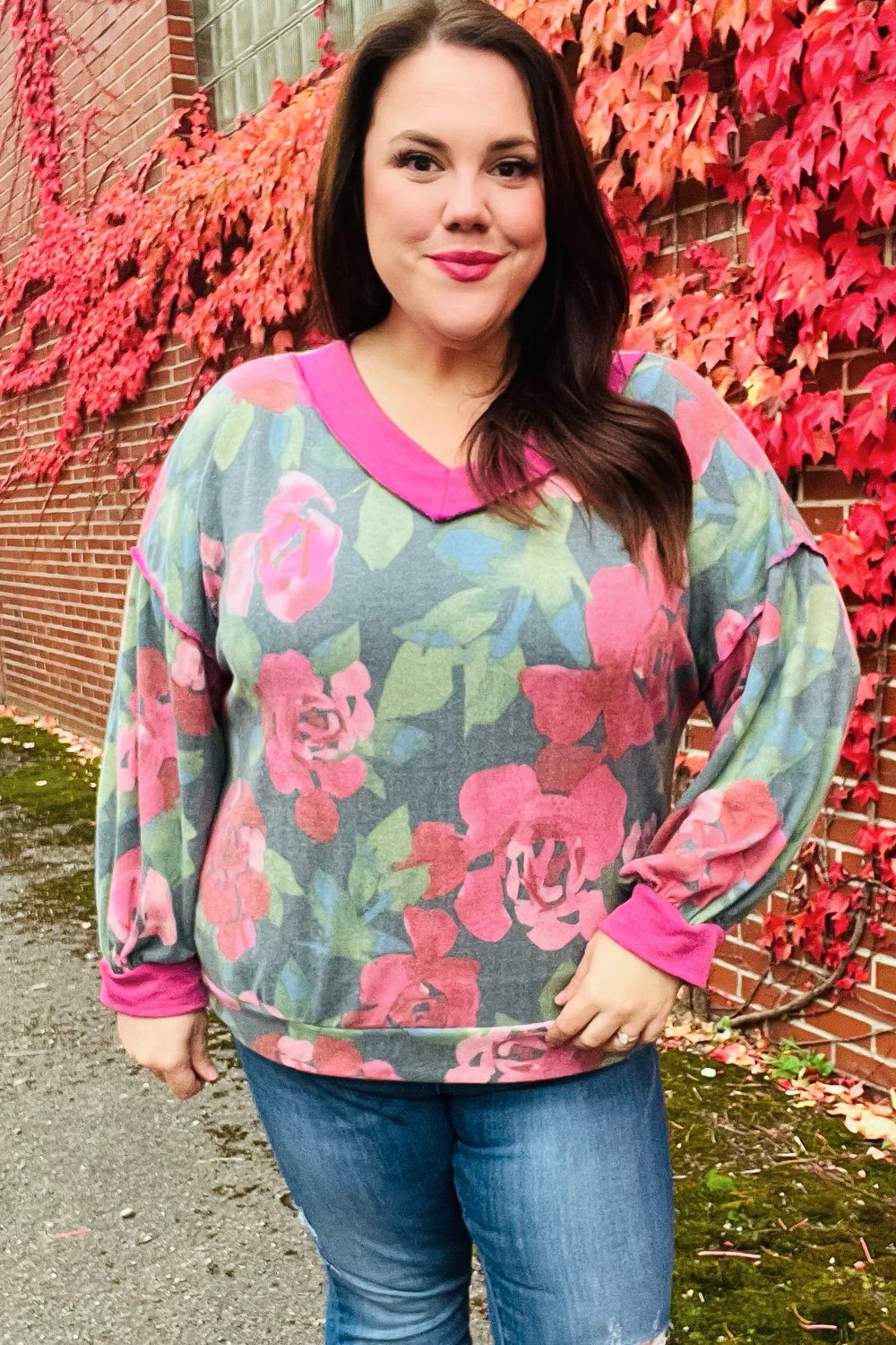 Vintage Teal Floral Print V-Neck Hacci Knit Sweater for Women - Soft Boho Pullover for Fall & Winter - Perfect for Casual Outings, Coffee Dates and Office Wear