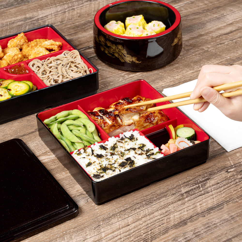Premium Japanese Bento Box - 5 Compartment Black & Red Lunch Container (8.25