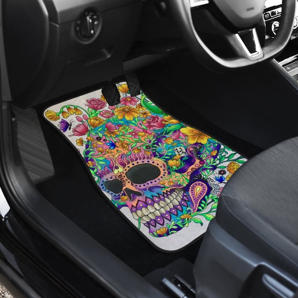 4 Pcs Floral Sugar Skull Car Mats - Non-Slip Floor Mats for Cars, Trucks & SUVs - Unique Mexican Day of the Dead Design - Perfect for Halloween, Dia de los Muertos & Car Decorations