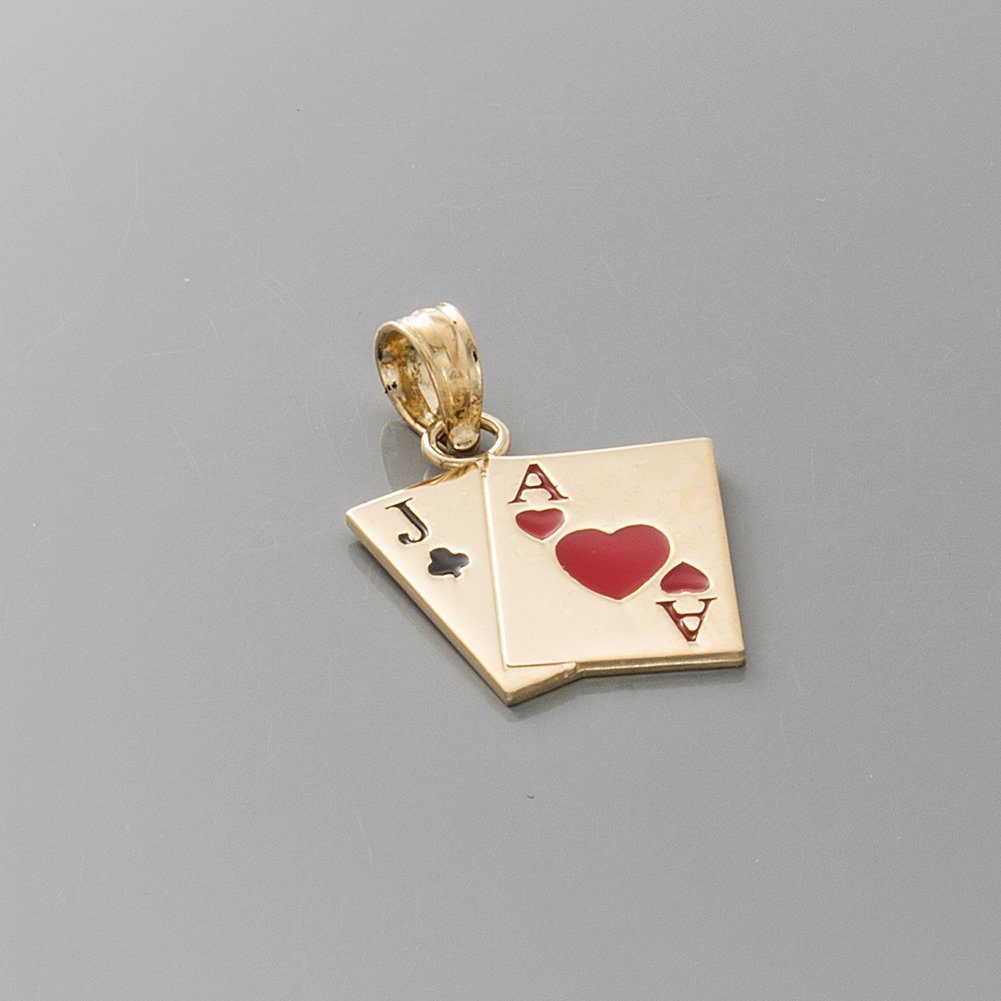 14K Yellow Gold Playing Cards Charm Pendant - Jack of Clubs & Ace of Hearts with Black & Red Enamel | Elegant Jewelry Gift for Card Game Lovers, Casino Night & Poker Party Accessories