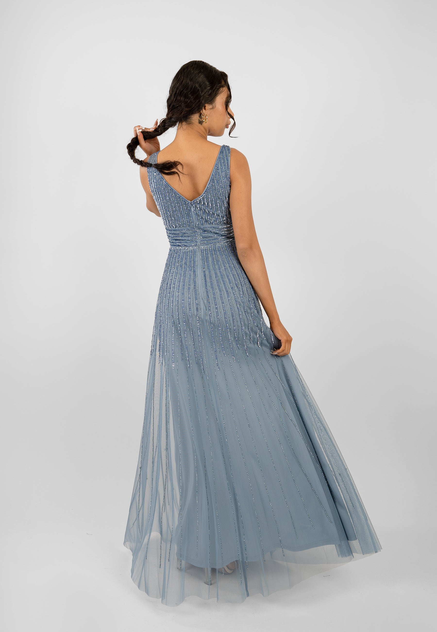 Lorelai Dusty Blue Embellished Maxi Dress for Women - Elegant Long Formal Gown with Beaded Details for Weddings, Parties & Special Occasions