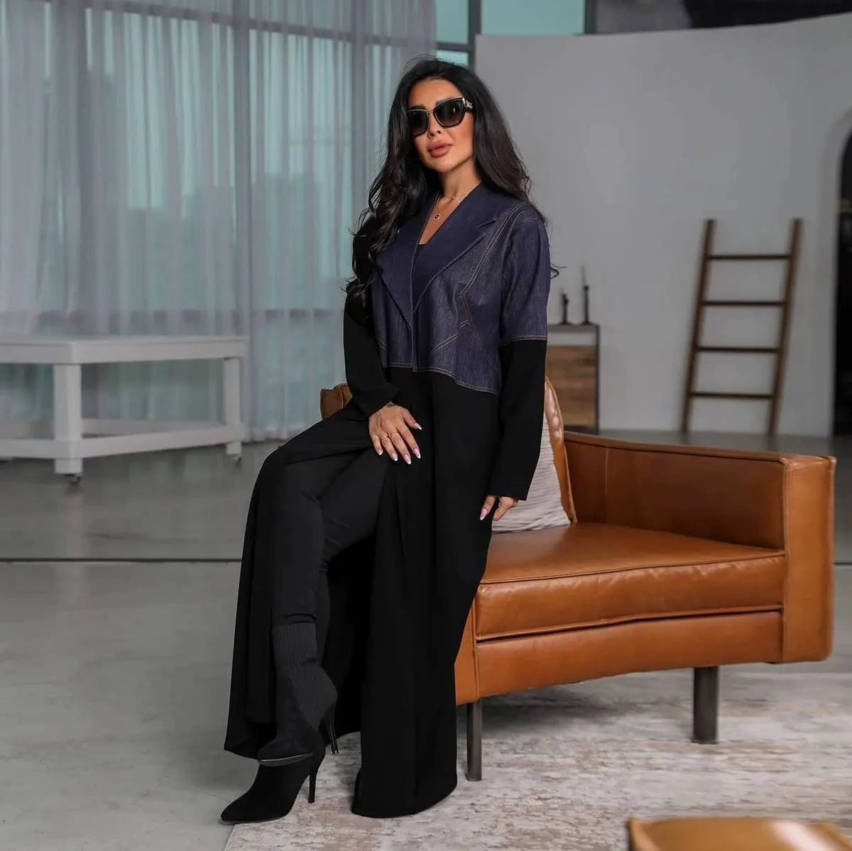 Urgarment Denim Patchwork Open Abaya Dress Cardigan - Stylish Islamic Modest Wear for Prayer, Mosque & Everyday Fashion
