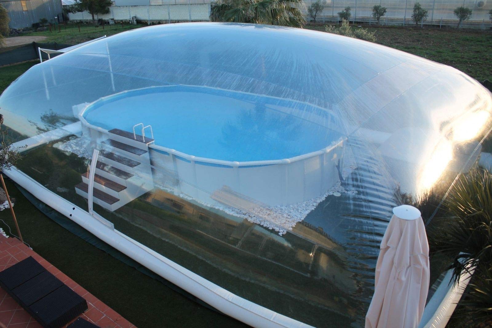 **Inflatable TPU Above Ground Swimming Pool Solar Dome Cover Tent with Blower & Pump (12x6x3m) - UV Protection, Easy Setup for Backyard, Garden, and Outdoor Use**