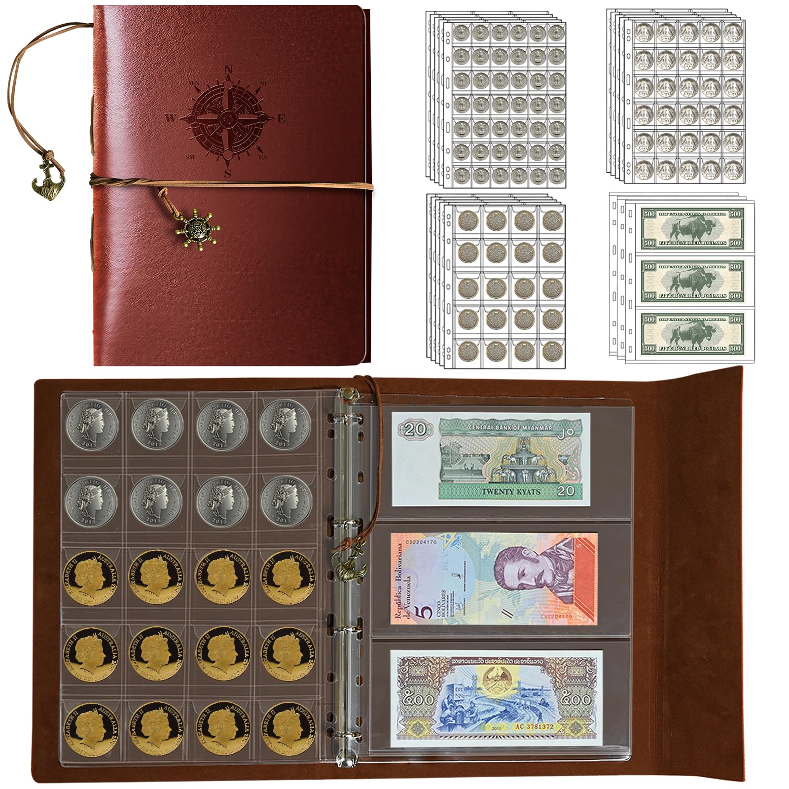 Premium Coin Collection Book with 428 Pockets & 12 Currency Sleeves - Brown Display Storage Album for Rare Coins & Paper Money - Perfect for Collectors, Organizing, and Showcasing Valuable Collections