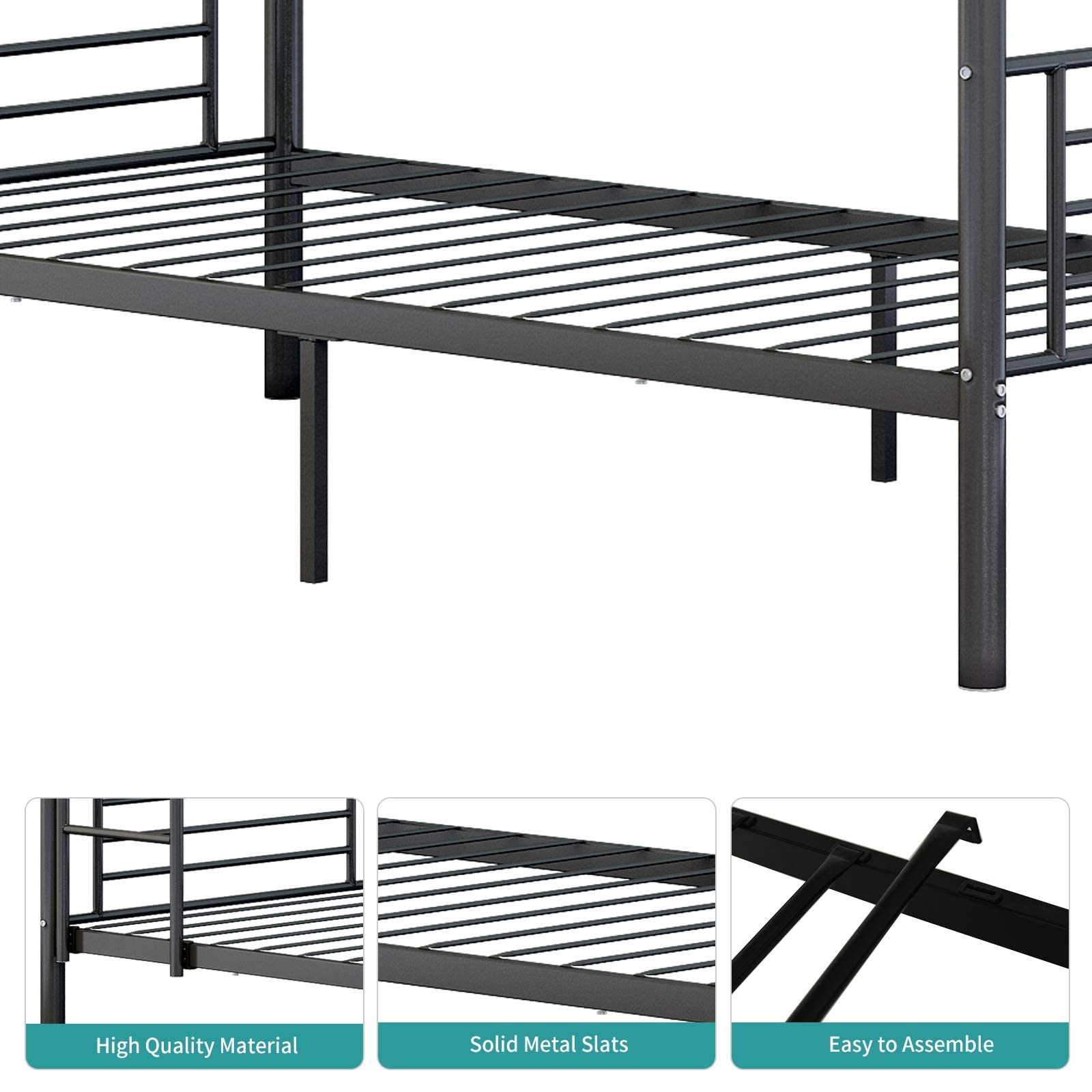 Heavy Duty Twin Over Twin Metal Bunk Bed Frame with Guardrail & Ladder - Space Saving, Noise Free, No Box Spring Needed - Sturdy Black Bunk Beds for Kids, Teens & Adults - Perfect for Small Bedrooms, Dorms & Guest Rooms (Model 2685)