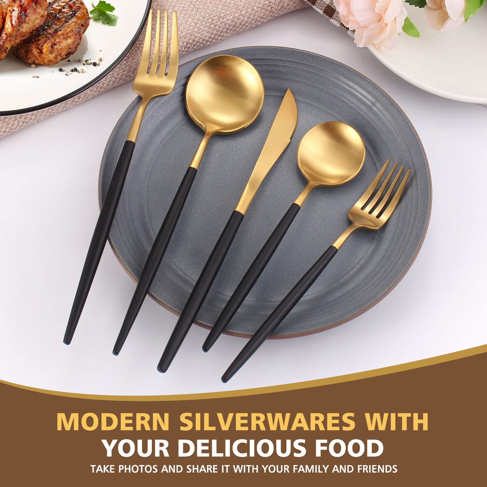 Oliviola 20-Piece Matte Black Gold Silverware Set - Stainless Steel Flatware Cutlery Set for 4 - Satin Finish Kitchen Utensils (Dishwasher Safe) - Perfect for Dinner Parties, Weddings & Everyday Dining