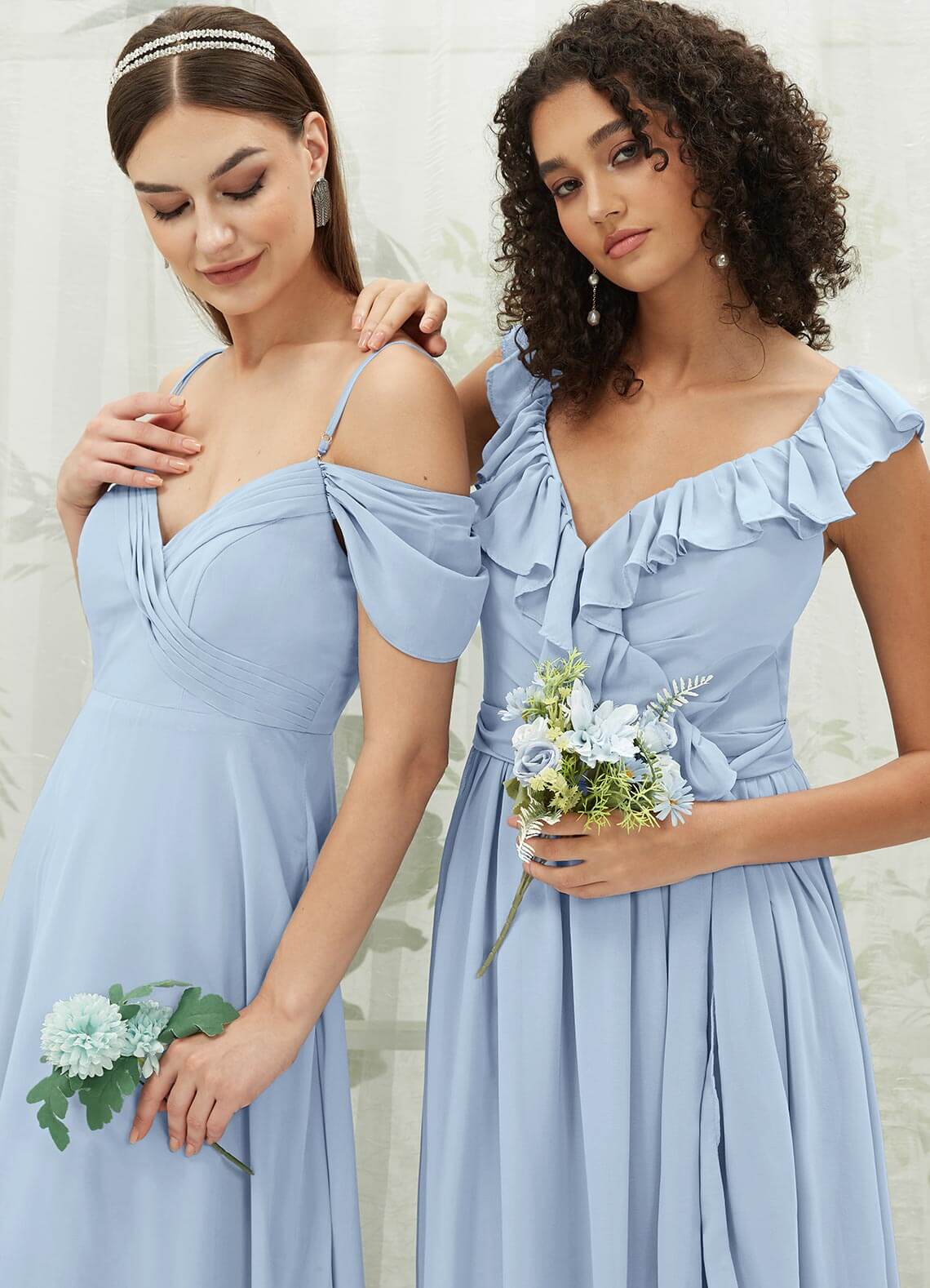 Cornflower Blue Chiffon Bridesmaid Dress with Ruffle Cross Straps & V-Neck Wrap - Perfect for Weddings, Formal Events & Evening Parties