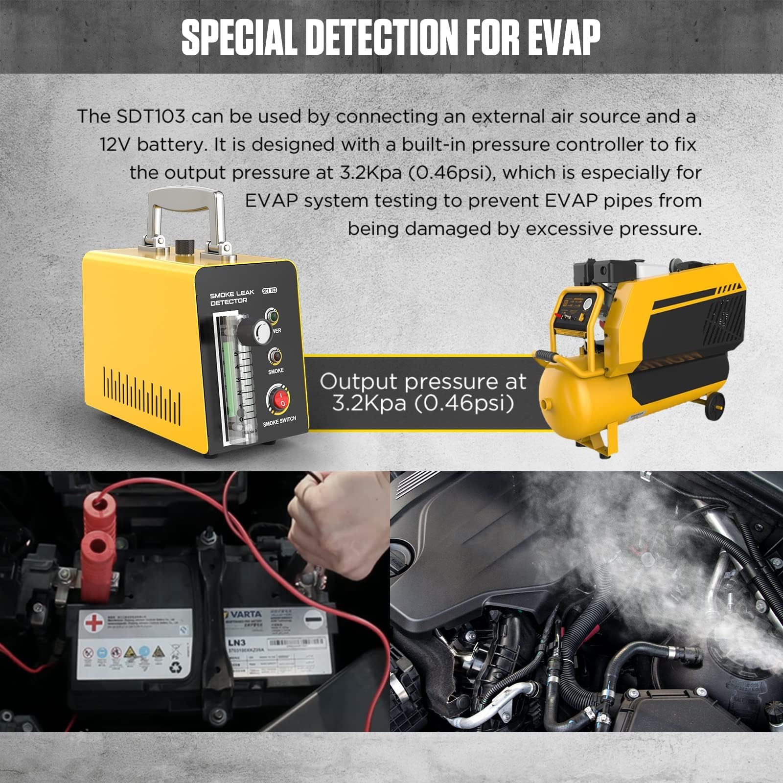 SDT103 EVAP Smoke Machine & Leak Detector - Adjustable Smoke Flow Meter for 12V Vehicles | Car Vacuum & Fuel Pipe Leak Tester | Automotive Diagnostic Tool for Engine Maintenance & Repair