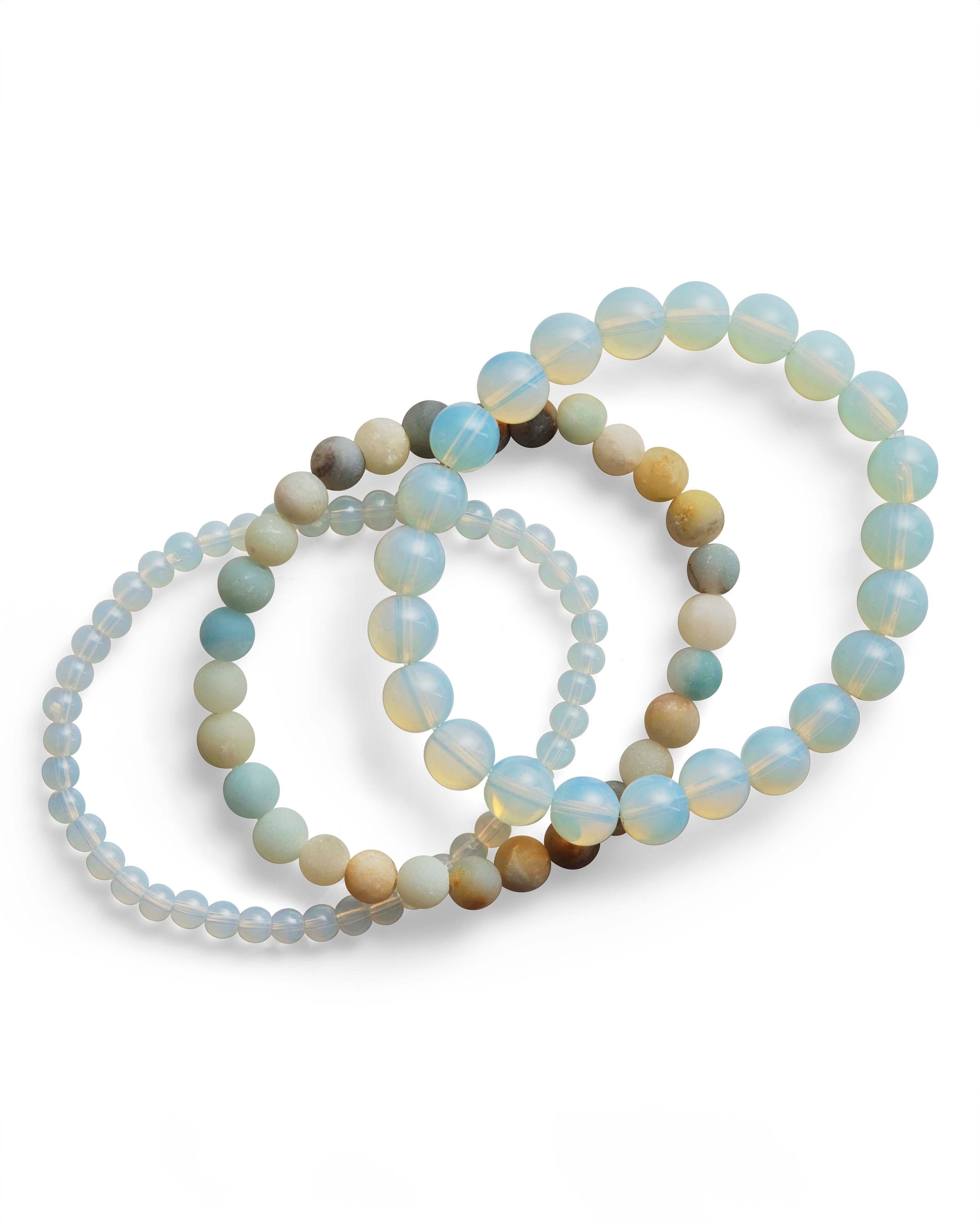 Opalite and Amazonite Stretch Bracelet Set of 3 - Adjustable Crystal Healing Bracelets for Women, Yoga, Meditation & Positive Energy