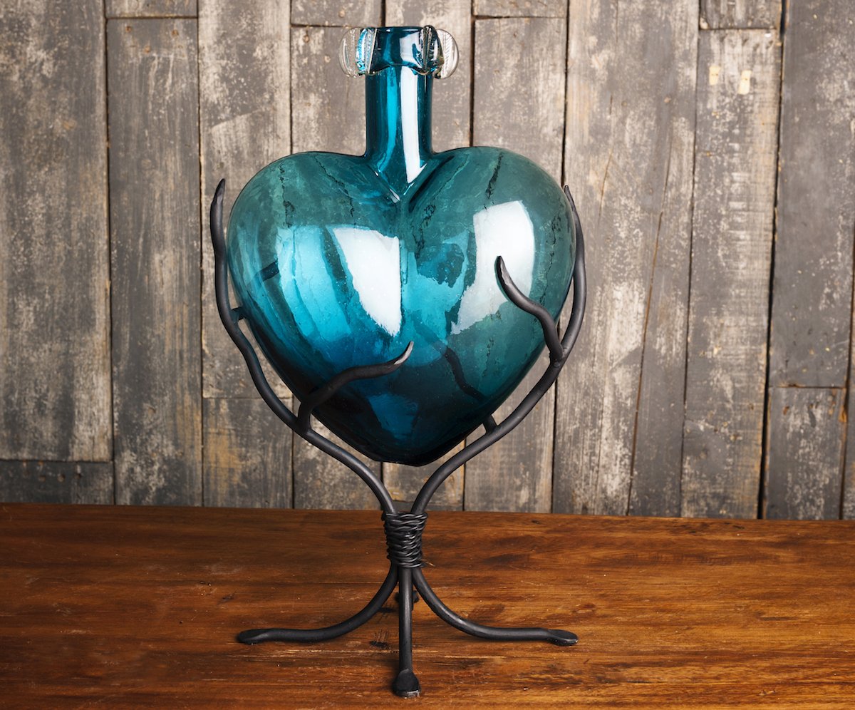 Hand Blown Glass Heart Sculptures - Large Aqua Blue Art Piece for Home Decor, Wedding Centerpiece & Romantic Gift
