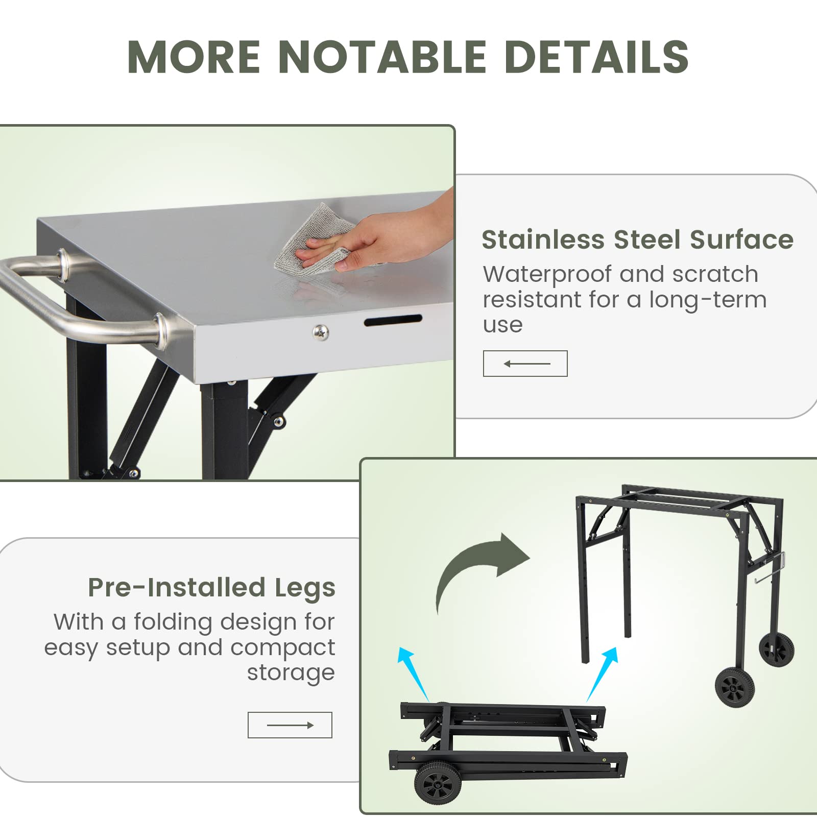 GOFLAME 3-Tier Outdoor Grill Cart with Adjustable Shelves, Stainless Steel Top & 2 Wheels – Heavy Duty BBQ Prep Table for Backyard, Patio & Camping Cooking