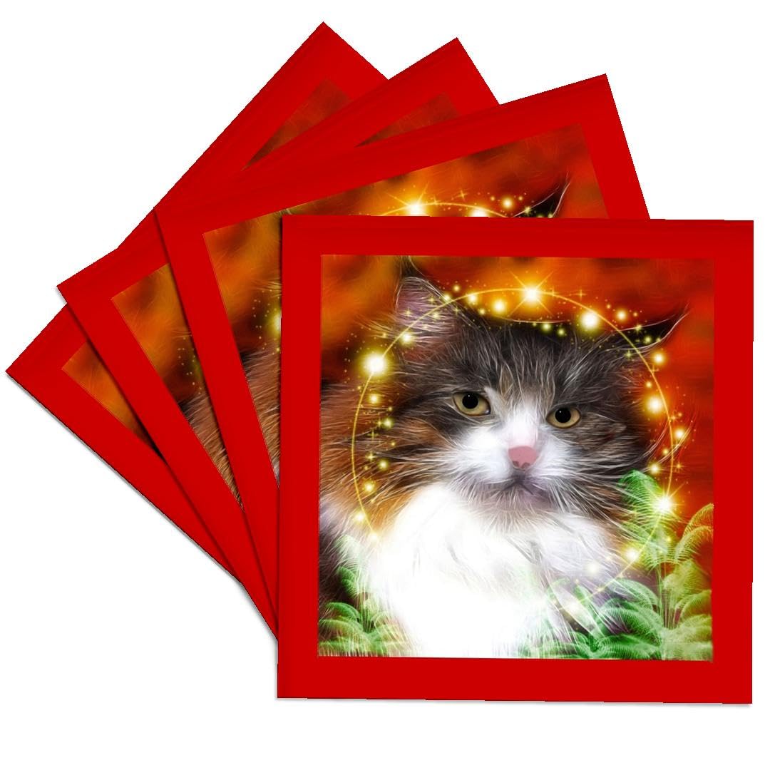 3D Rose Norwegian Forest Cat Ceramic Tile Coasters Set of 4 - Cute Cat Lover Gift for Home, Office, or Coffee Shop Decor