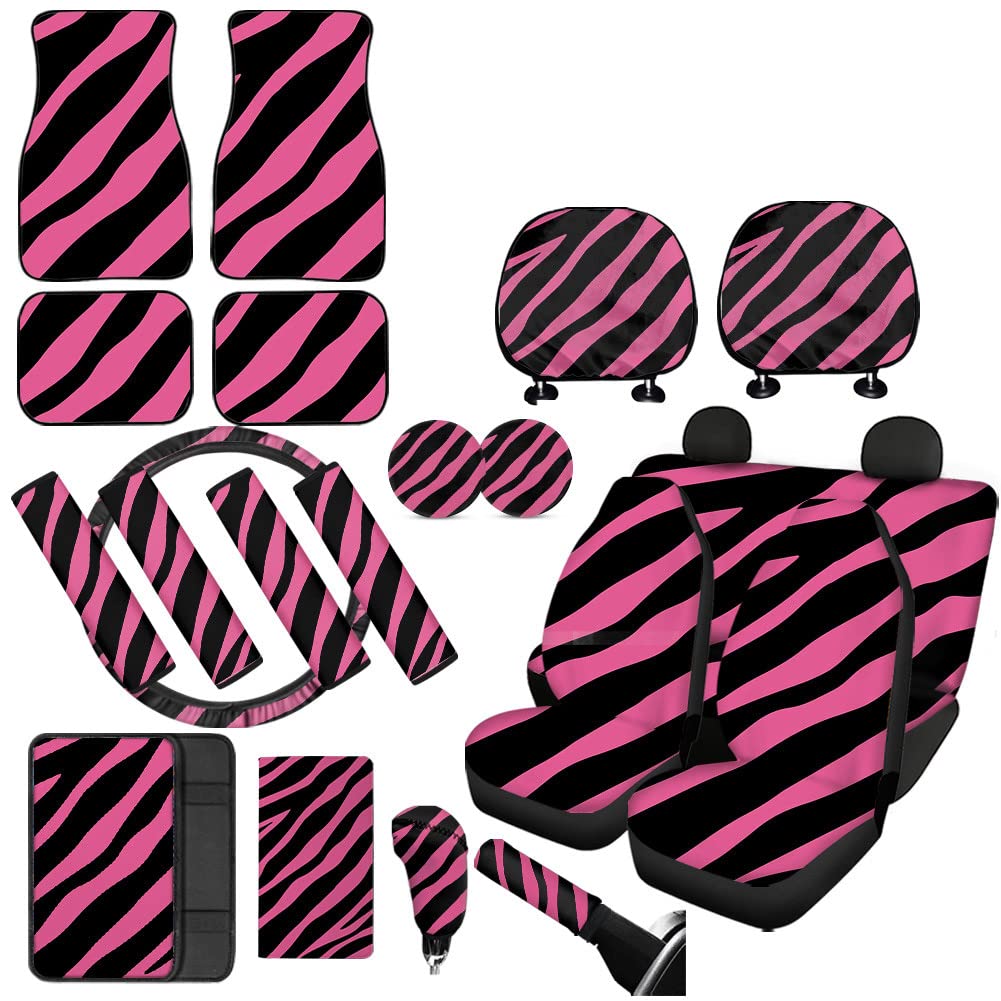 XYZCANDO Pink Zebra Car Accessories Set - Seat Covers, Steering Wheel & Cup Coasters for Auto Protection & Style
