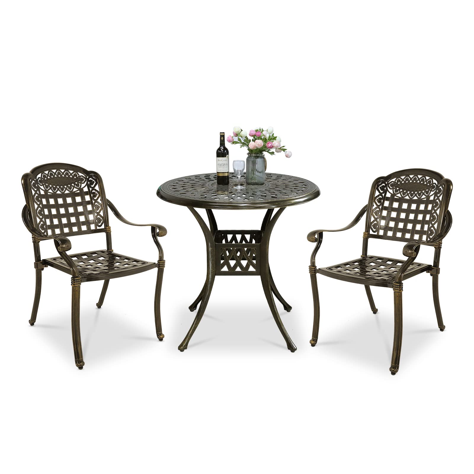 VIVIJASON 3-Piece Outdoor Patio Bistro Set - All-Weather Cast Aluminum Dining Table & 2 Chairs with 31