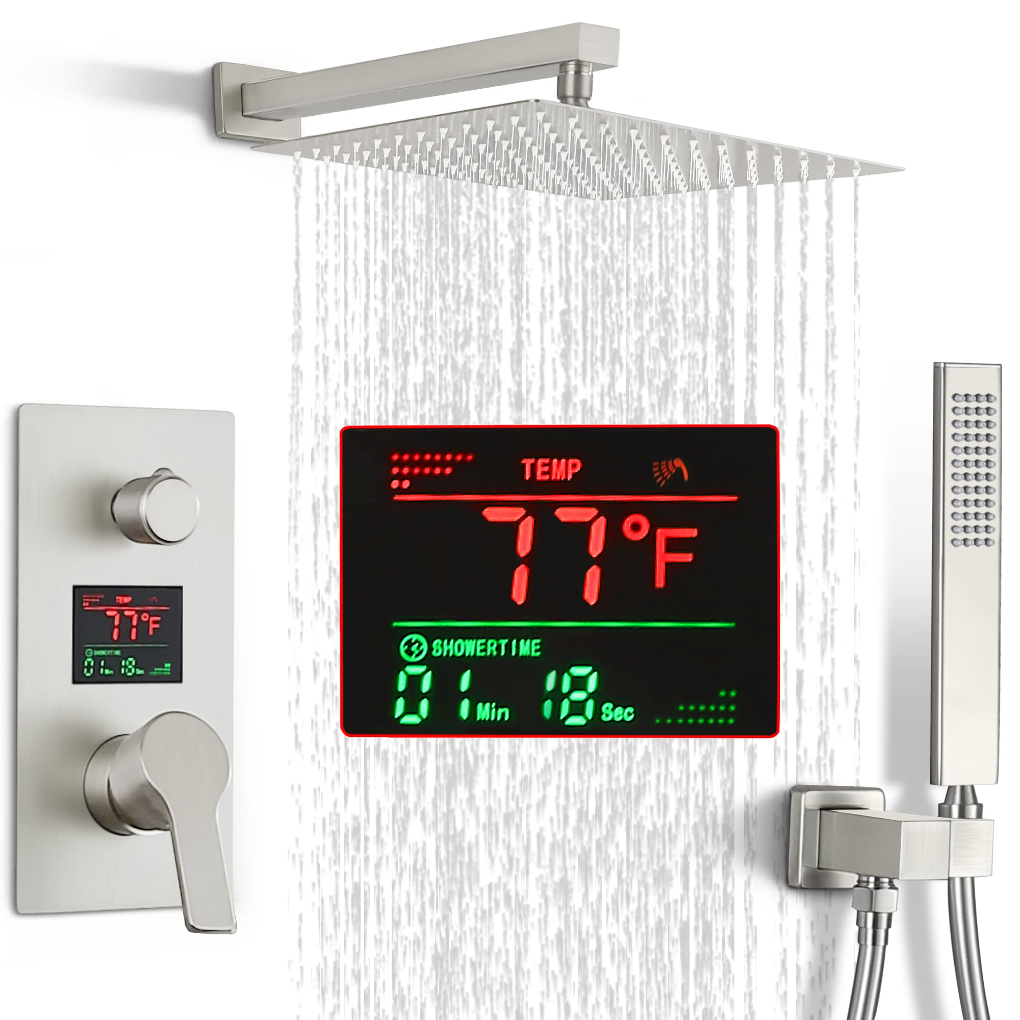 SKWOLL Brushed Nickel Shower Faucet Set - 12 Inch Wall Mount Rain Shower Head with Digital LCD Display & 2 Function Valve Kit | Modern Bathroom Upgrade for Spa-Like Experience