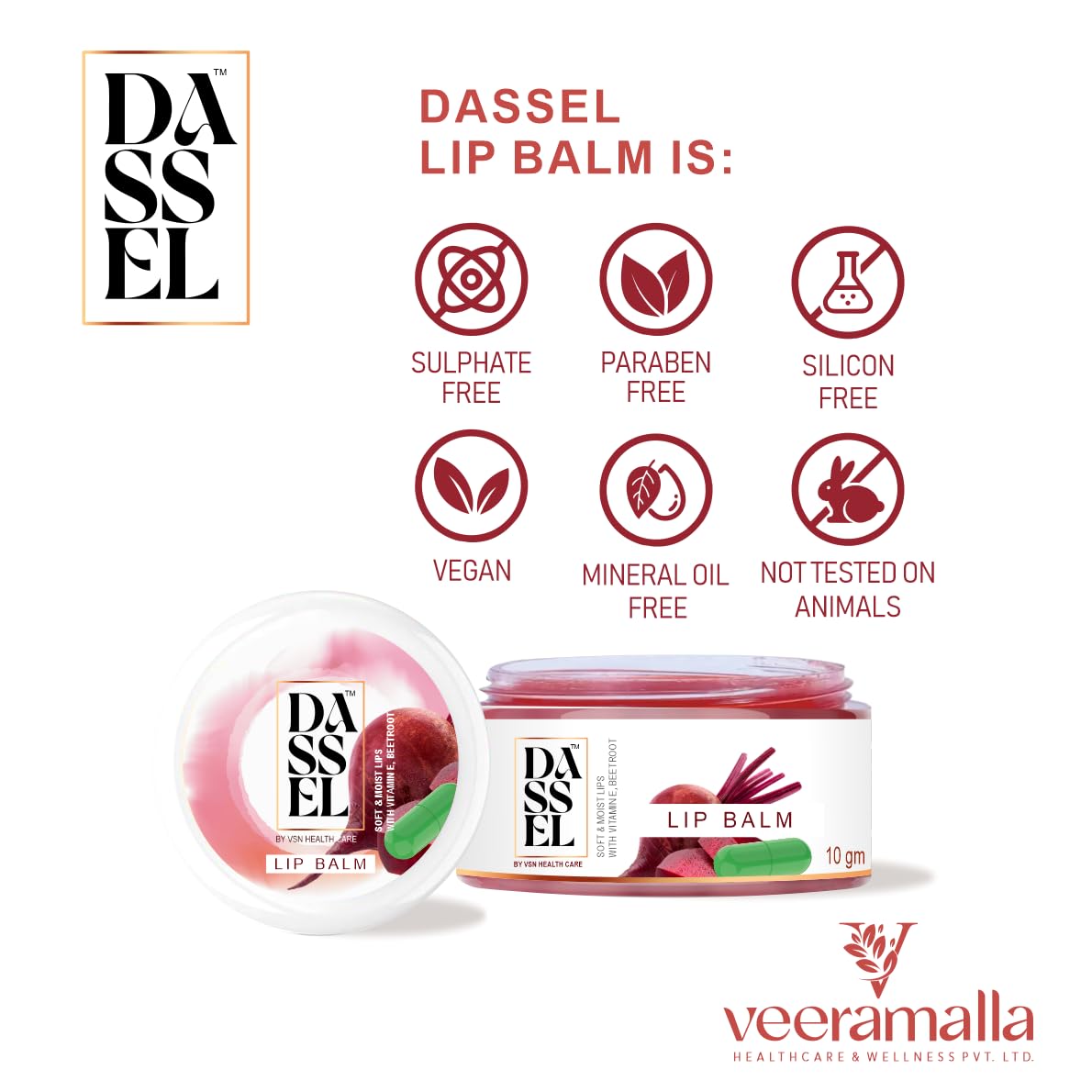 Dassel Beetroot Lip Balm 10g - Natural Moisturizing Lip Care for Dry & Chapped Lips - Vegan, Cruelty-Free - Perfect for Winter, Travel & Daily Hydration