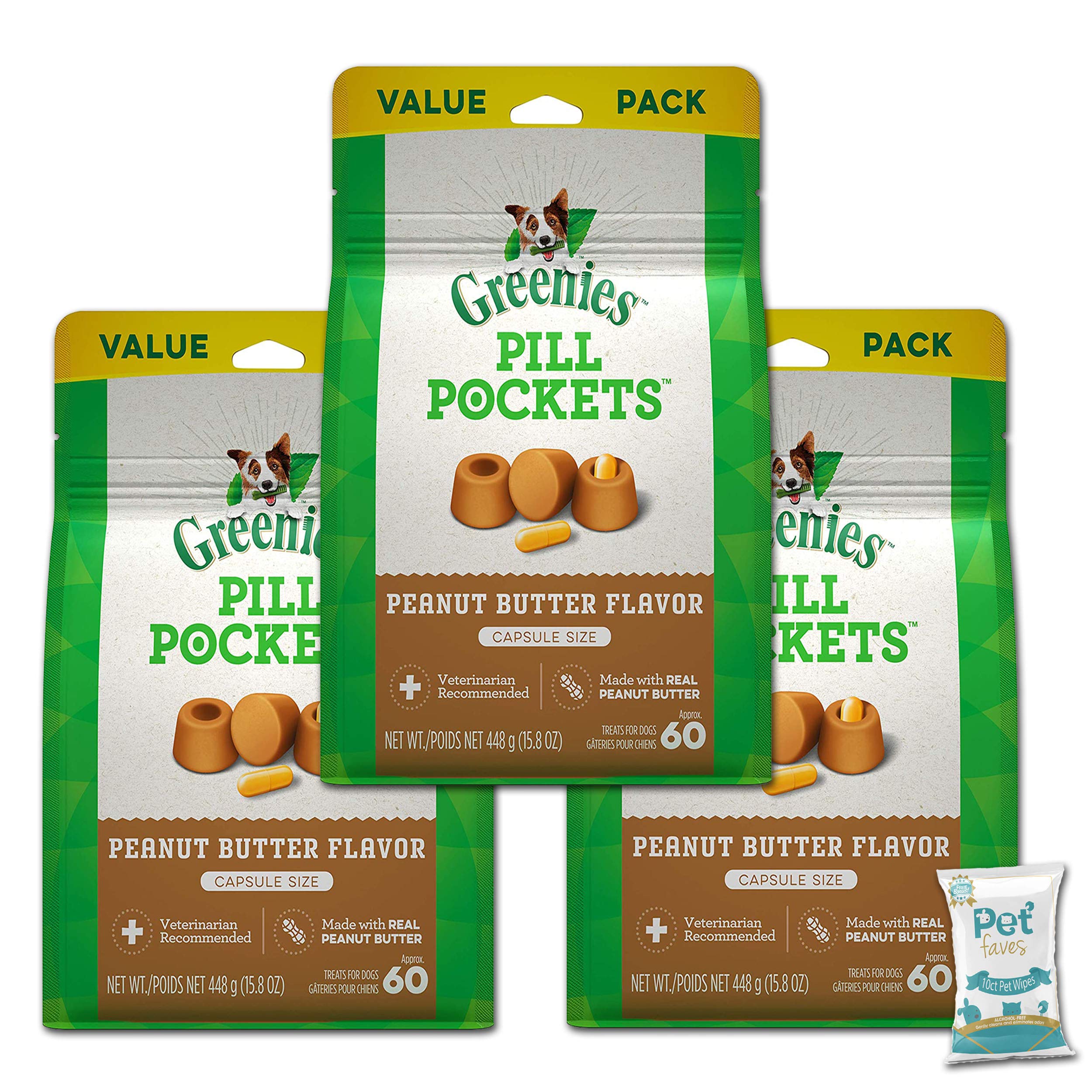 Greenies Natural Dog Treats (3 Pack) - Peanut Butter Flavor Pill Pockets for Dogs, Capsule Size 15.8oz + 10ct Pet Wipes | Easy Medication for Dogs, Puppy Care & Travel Essentials