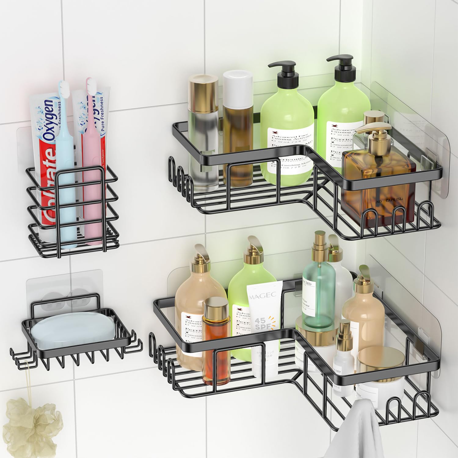 4-Pack Stainless Steel Self-Adhesive Shower Caddy Corner Shelves with Soap Dish Holder - Bathroom Storage Organizer for Shampoo, Conditioner & Body Wash - Perfect for Small Bathrooms, Apartments & Dorm Showers