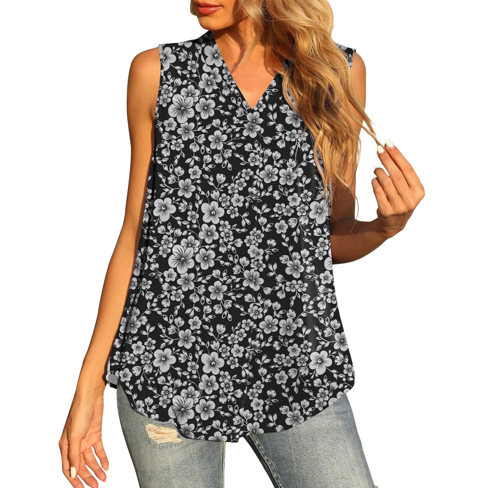 Women's Casual V-Neck Printed Blouse - Loose Sleeveless Summer Tank Top with Clear Straps | Perfect for Beach Outings, Vacation Wear & Summer Fashion