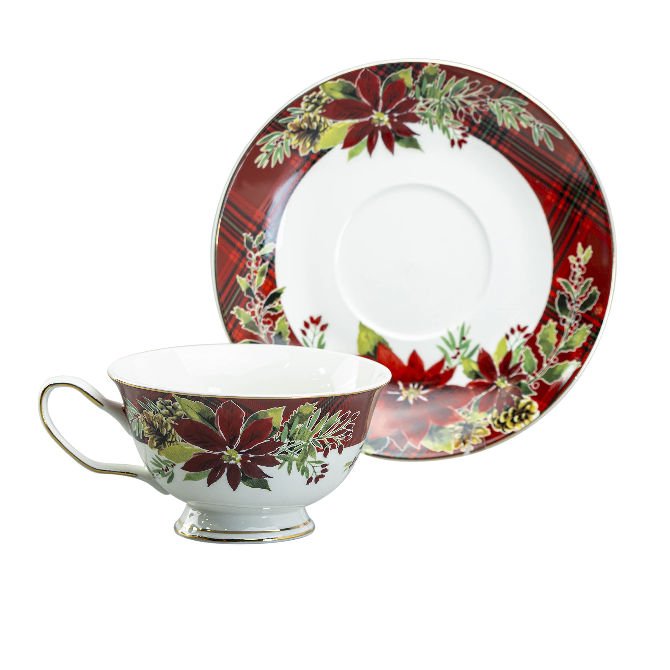 11-Piece Poinsettia Holly Plaid Tea Set in Red - Perfect for Christmas Decorations, Holiday Parties & Cozy Afternoon Tea