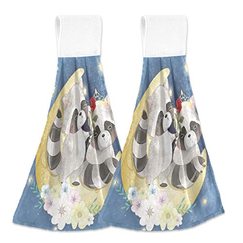 Cute Raccoon Kitchen Hanging Towels 2PCS - Absorbent Microfiber Dishcloths with Loops for Bathroom & Kitchen | Spring Hand Towel Set for Home Decor & Cleaning