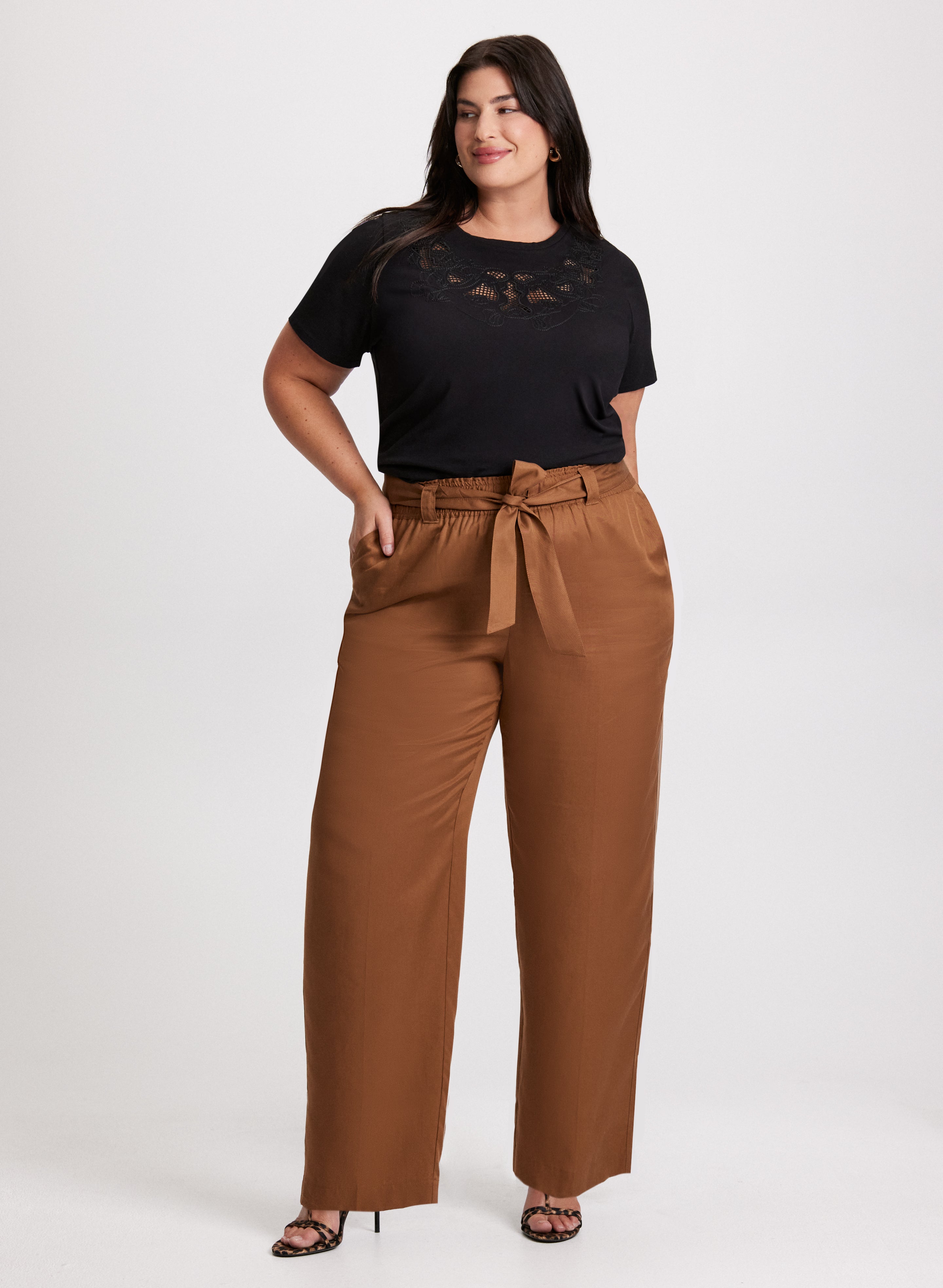 Cut Out Detail Tee & Tencel Pull On Wide Leg Pants Set - Women's Fashion Outfit for Casual Wear, Office, and Date Night