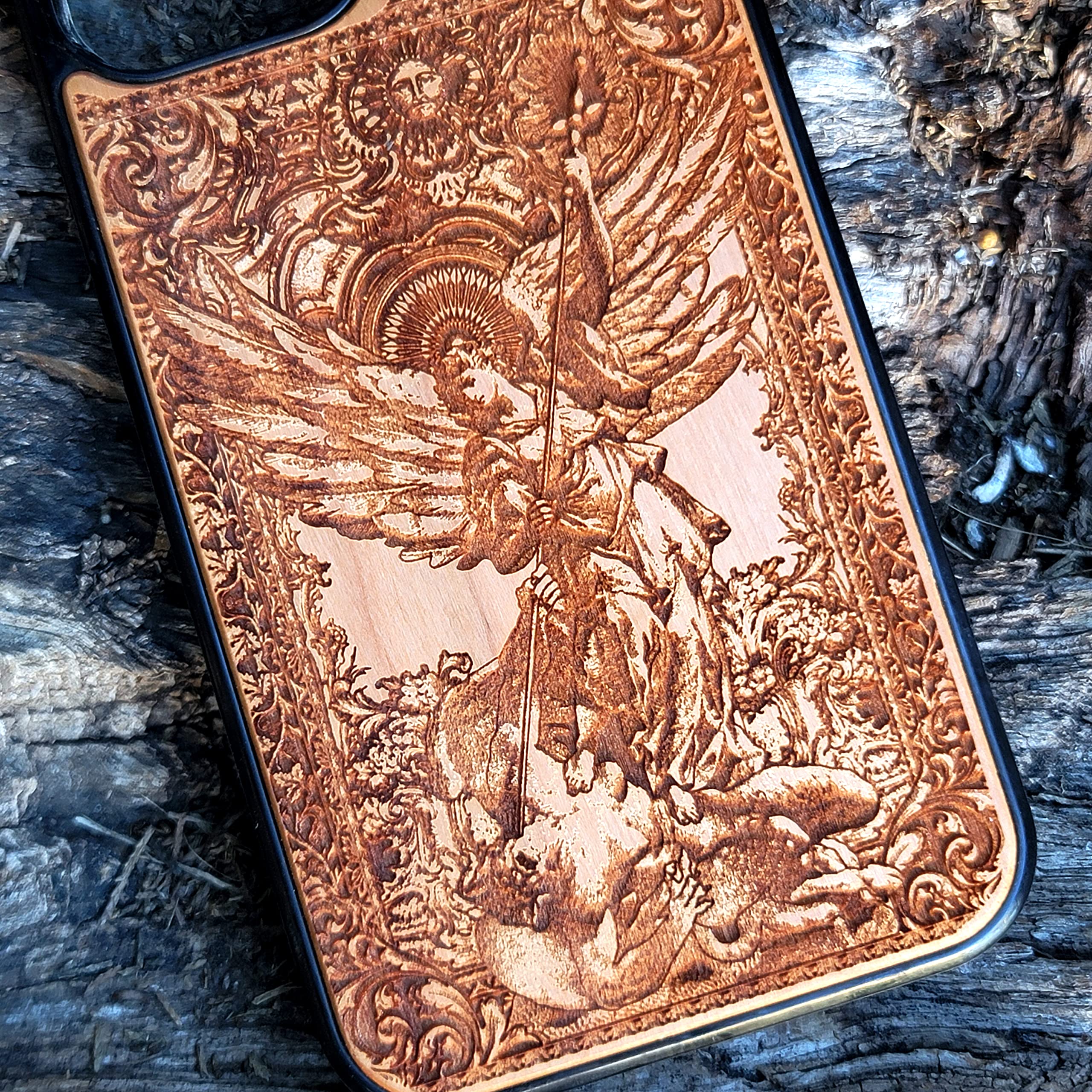 Saint Michael the Archangel Laser Engraved Wood Phone Case for iPhone 16/15/14/13/12/11 Pro Max/Mini & Galaxy S25/S24/S23/S22/S21/S20 Ultra Plus - Slim Durable Eco-Friendly Wooden Cover - Perfect for Daily Use, Travel & Gift Giving