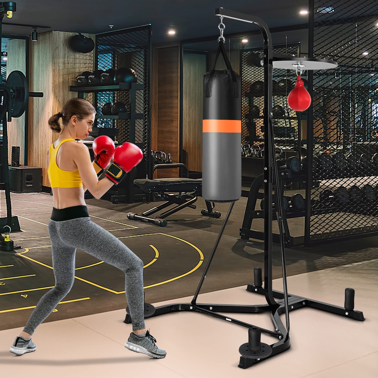 GYMAX Freestanding Punching Bag with Stand - Adjustable Height Boxing Machine for Adults, Includes Speed Ball & Sandbag - Heavy Duty Pre-Filled Training Bag for MMA, Muay Thai, Kickboxing - Perfect for Home Gym, Martial Arts Practice & Fitness Workouts