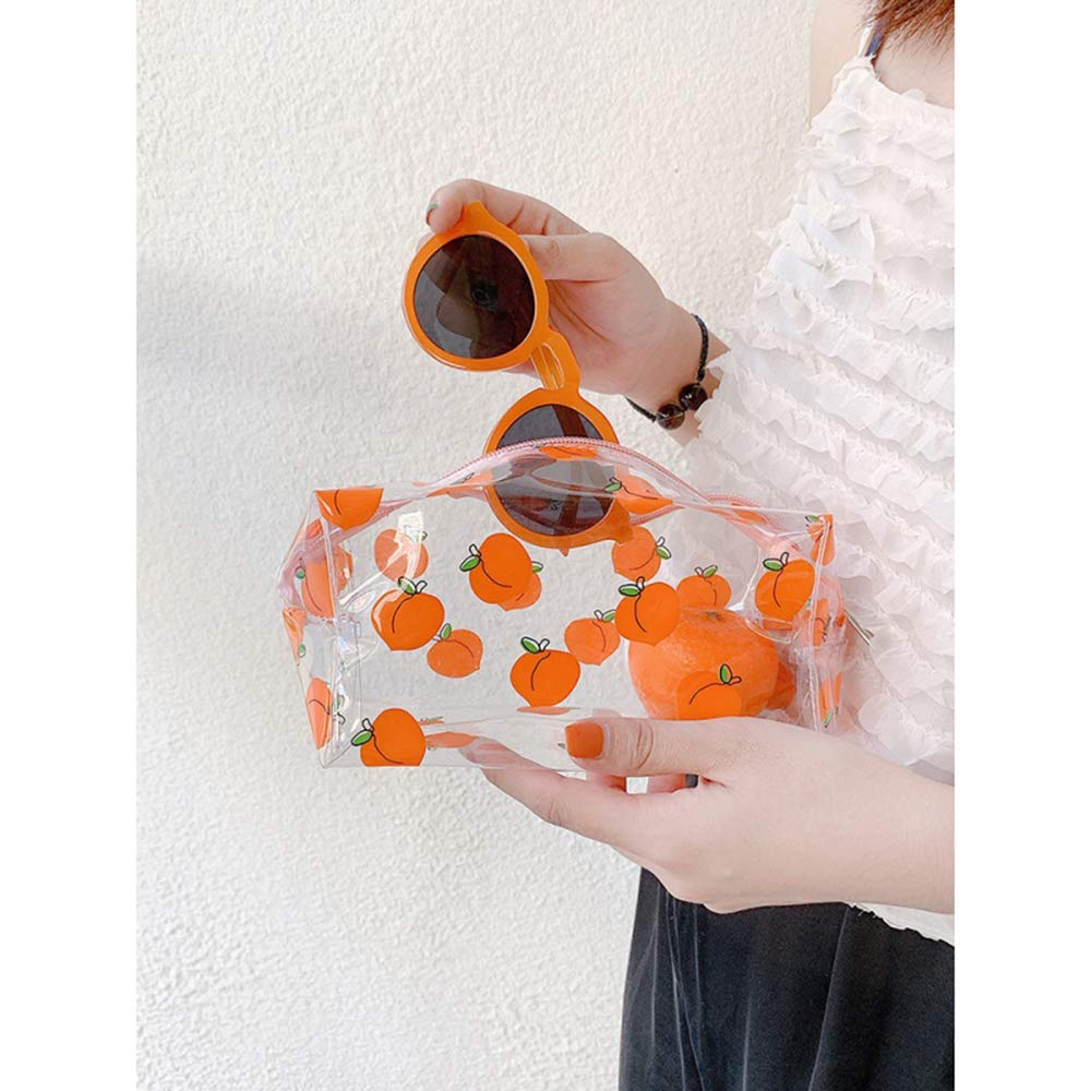 Crystal Clear Cosmetic Bags for Women - Waterproof Travel Toiletry & Makeup Organizer with Portable Brush Storage - Cute Cartoon Design (Peaches) - Perfect for Travel, Gym, and Daily Beauty Routine