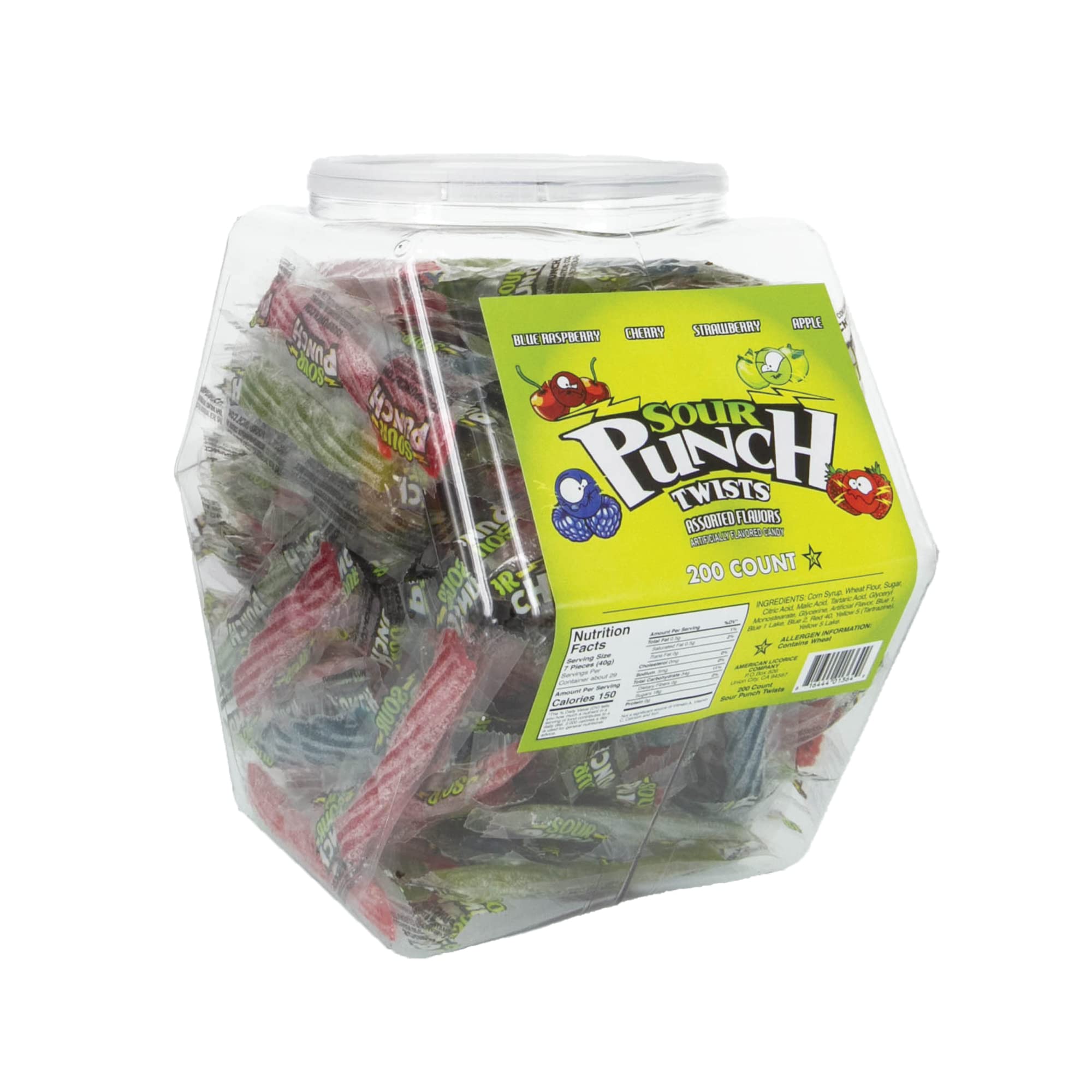 Sour Punch Twists Straw Twists - 200 Individually Wrapped Chewy Sour Candy Sticks in Reusable Plastic Tub | 4 Assorted Flavors Variety Pack (Strawberry, Raspberry, Green Apple, Blue Raspberry) | Perfect for Halloween Candy, Party Favors, Office Snacks & Movie Night Treats