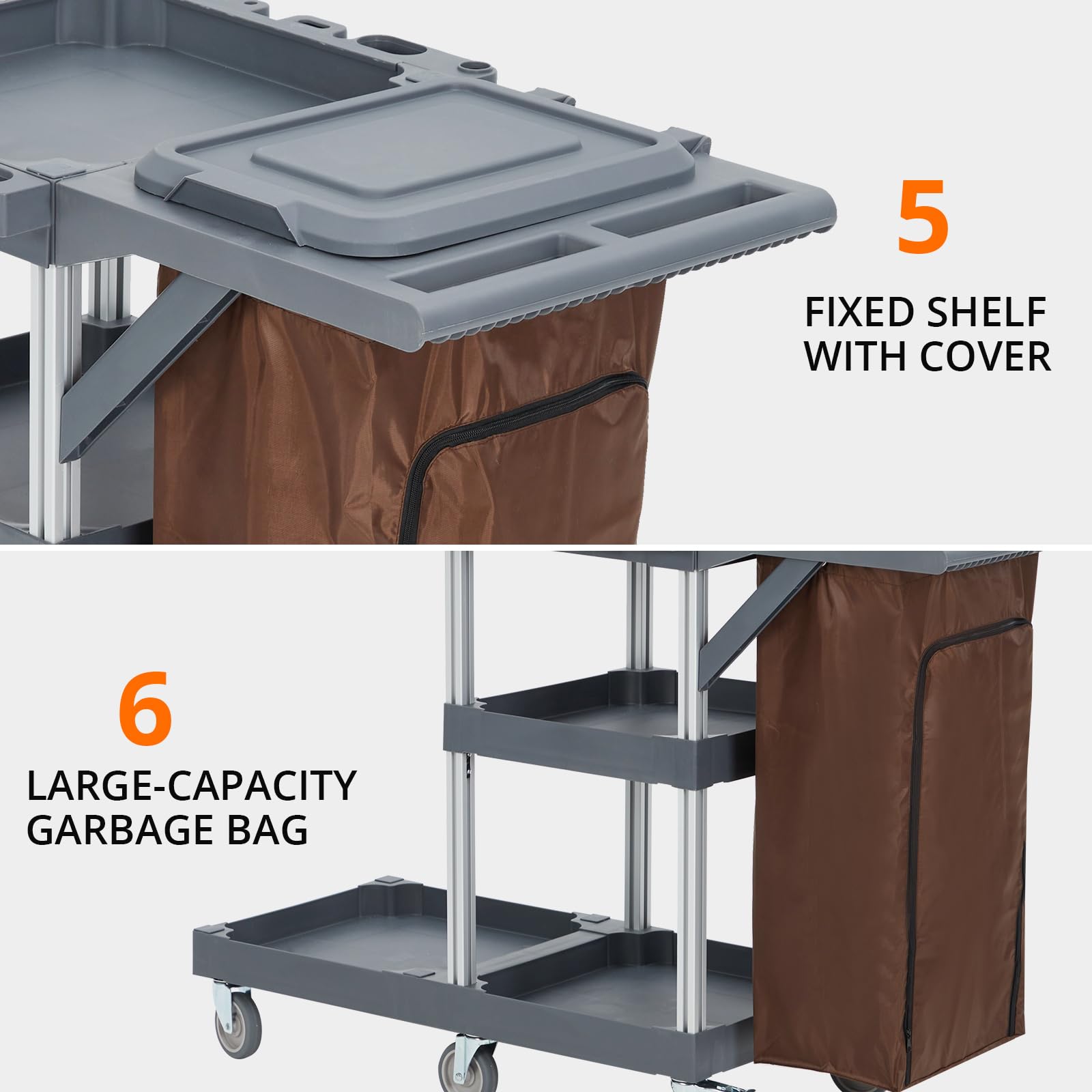 Commercial Janitorial Cleaning Cart with Wheels - Black Housekeeping Utility Cart with Cover, Shelves & Vinyl Bag | Ideal for Hotels, Hospitals & Office Cleaning