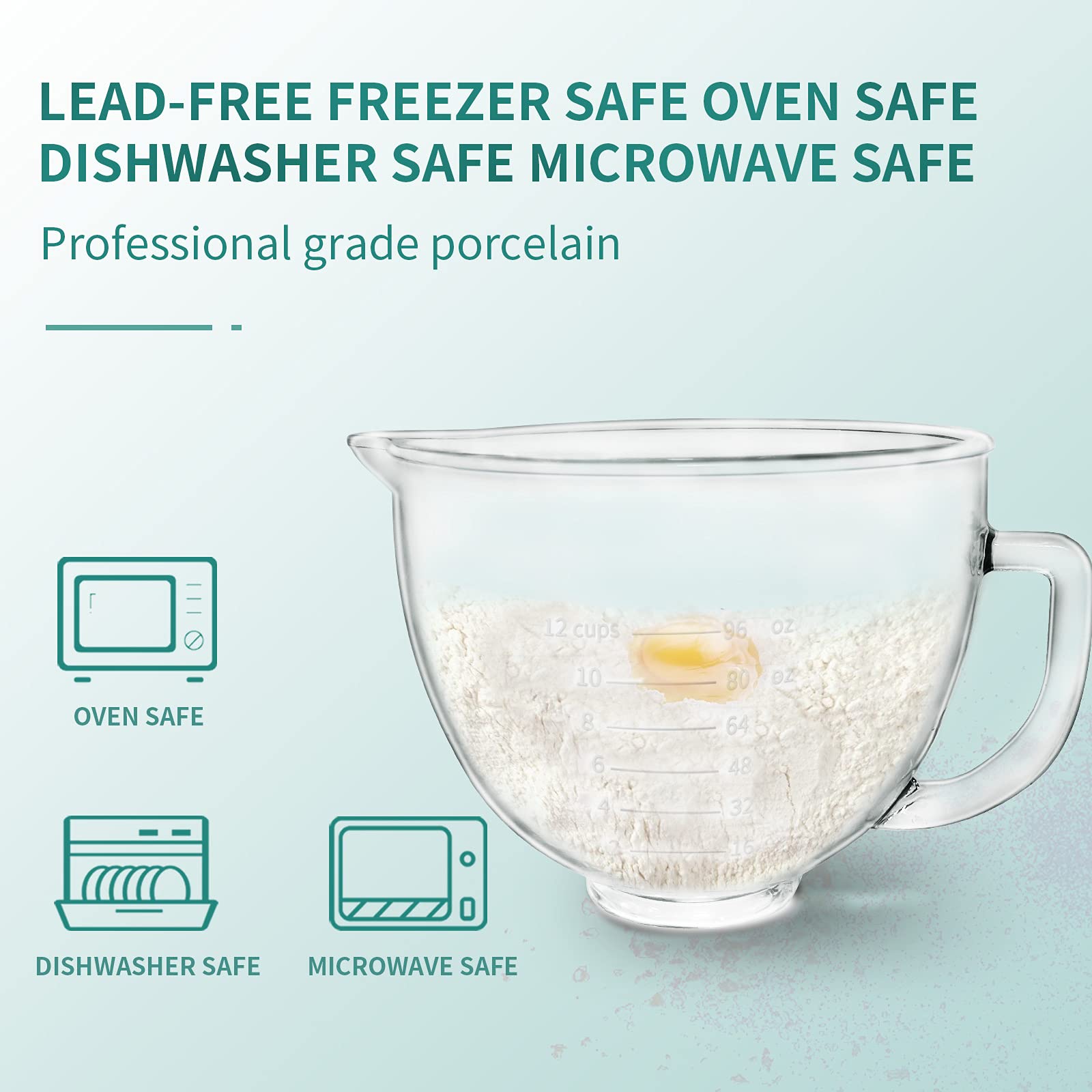 Glass Mixing Bowl Compatible with KitchenAid 4.5/5 QT Tilt-Head Stand Mixer - Microwave & Freezer Safe with Measurement Markings & Lid - Perfect for Baking, Meal Prep & Food Storage