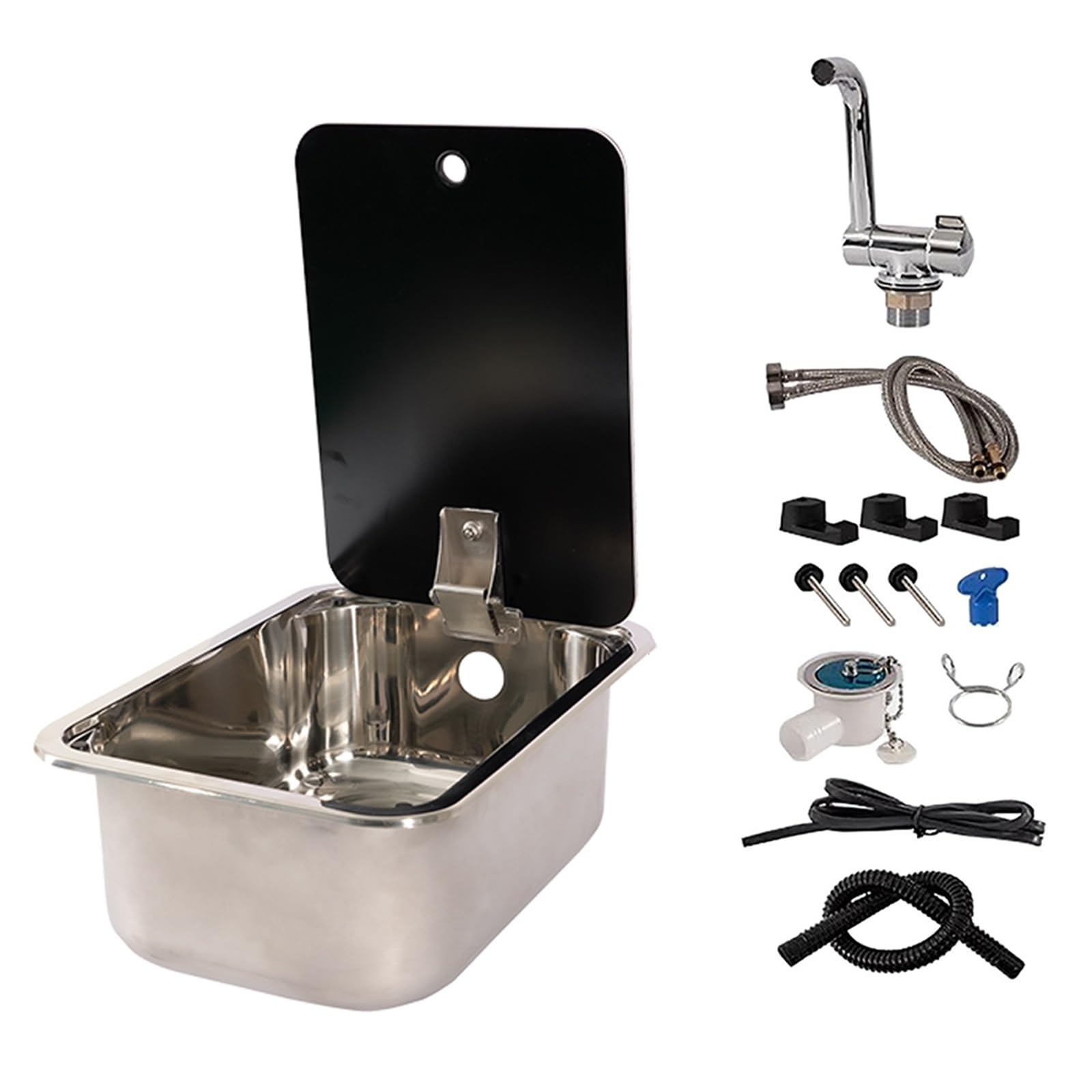 Stainless Steel Small RV Sink with Folding Faucet & Lid - Compact Campervan Kitchen Sink Kit | Durable Camper Accessories for Tiny Homes, Van Life & Outdoor Adventures (Square Design)