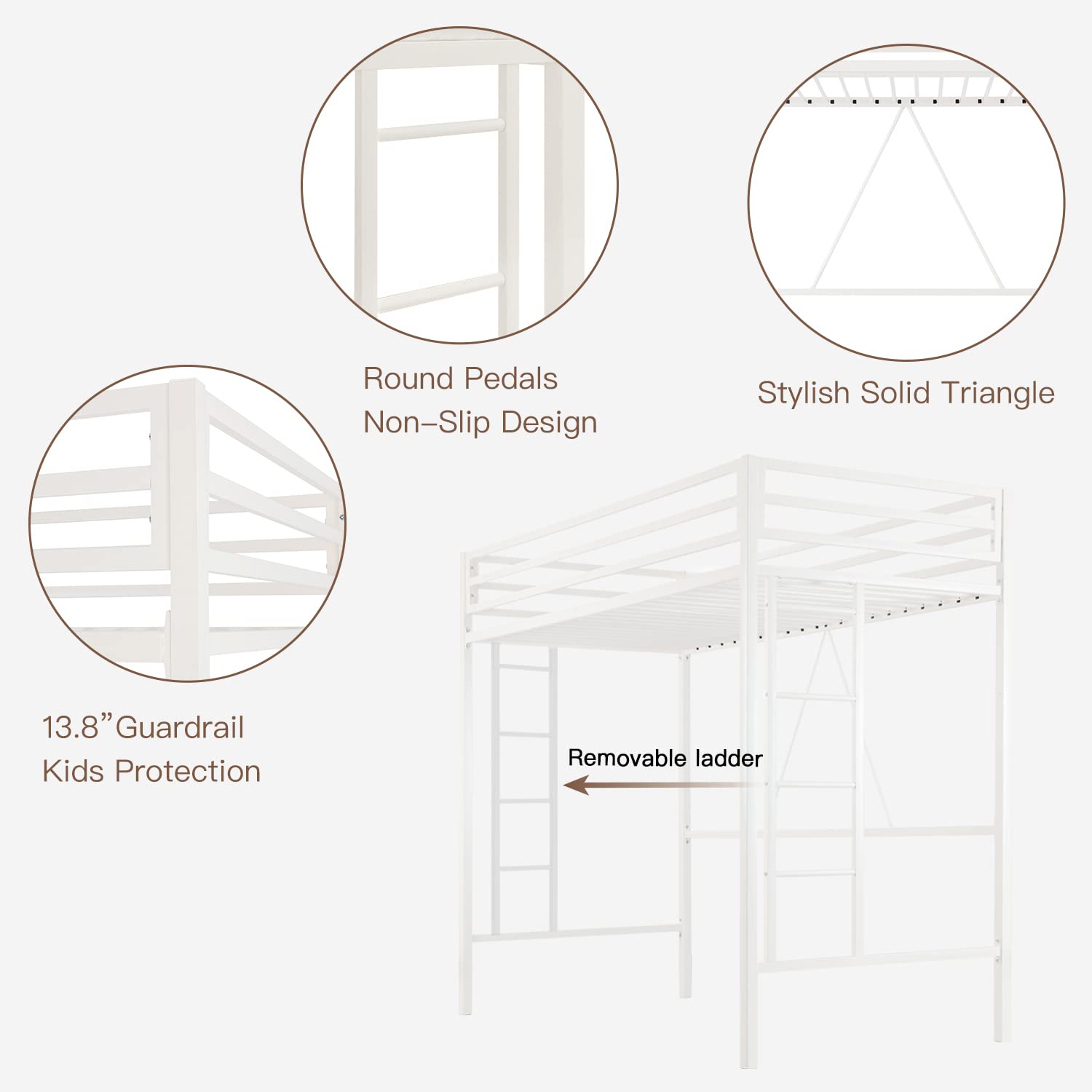 ikalido Twin Size Metal Loft Bed with Safety Guardrail & Ladder - Space Saving Bedroom Furniture, No Box Spring Needed, Cream White - Perfect for Kids Rooms, Dorms & Small Apartments
