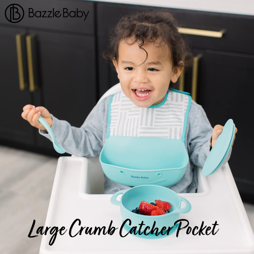 Bazzle Baby Silicone Bibs with Food Catcher - Waterproof 2-Pack for Travel & Storage - Ideal for Messy Eaters