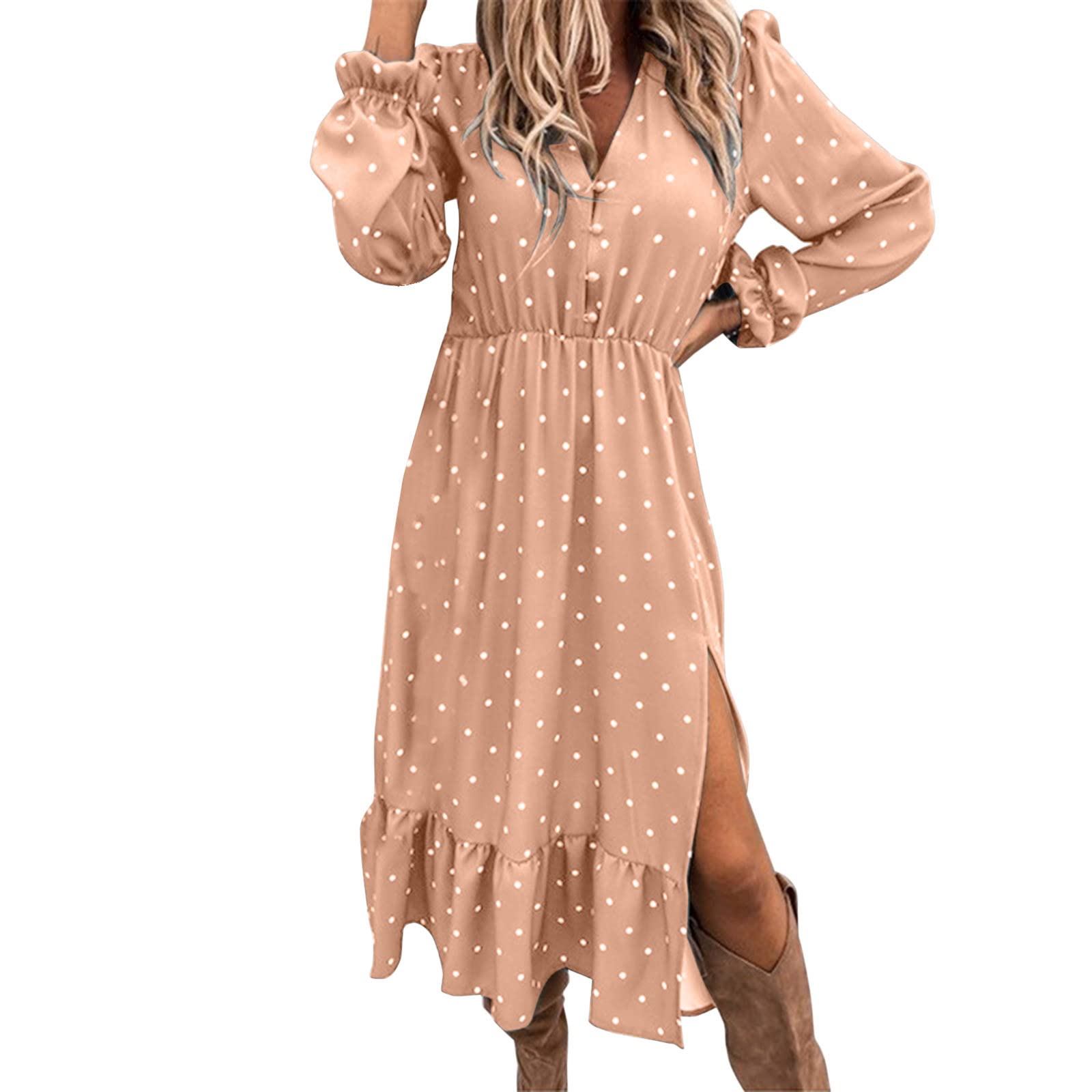 Women's Casual Boho V-Neck Button Front Lantern Sleeve Maxi Dress with Side Slit - Perfect for Beach Vacations, Summer Parties & Boho Chic Outfits