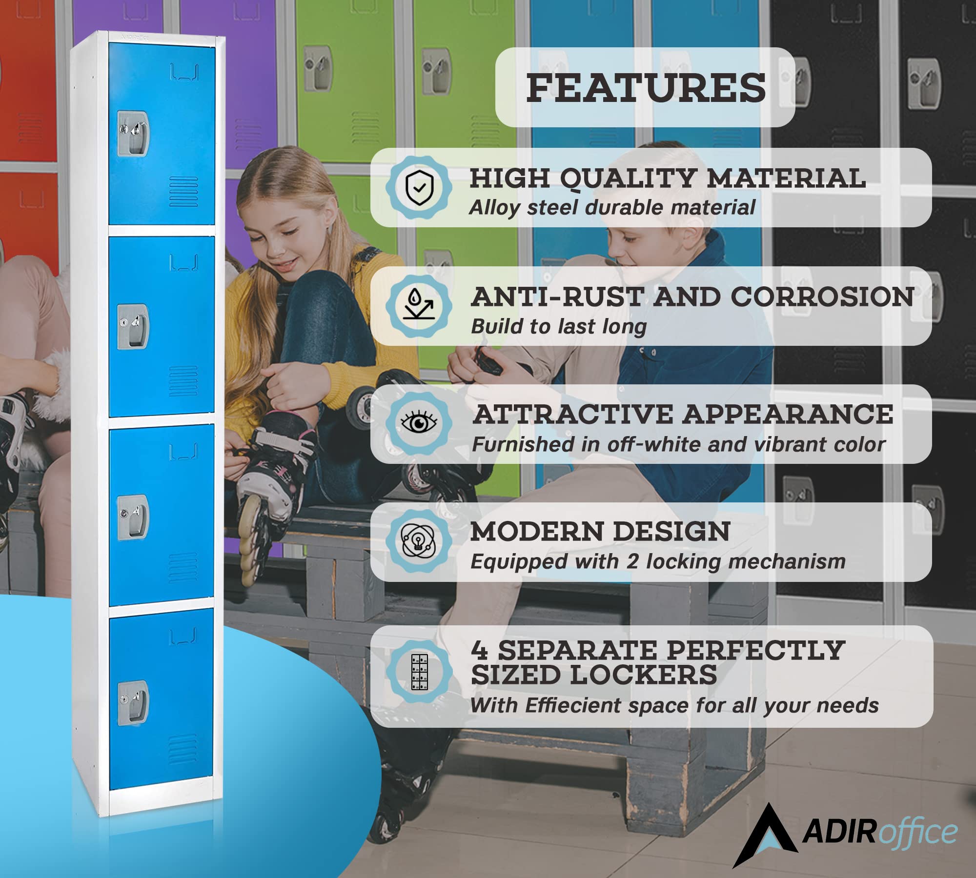 AdirOffice 4-Door Large School Locker with Hooks - Heavy Duty Metal Storage Cabinet for Garage, Office & Classroom Organization (Blue) - Perfect for Storing Sports Gear, Tools & School Supplies