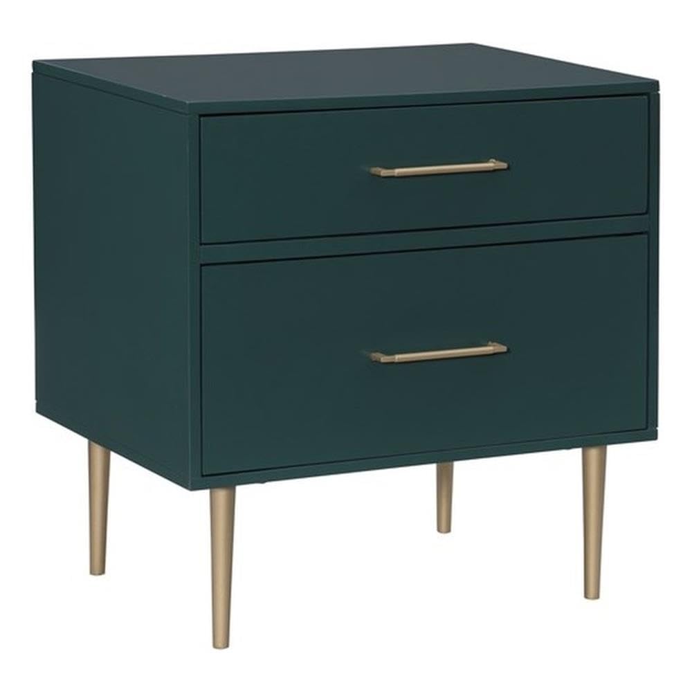 Linon Dylan Dark Green Wood Nightstand with 2 Drawers & Gold Accents - Modern Bedside Table for Bedroom, Guest Room or Dorm (18.5