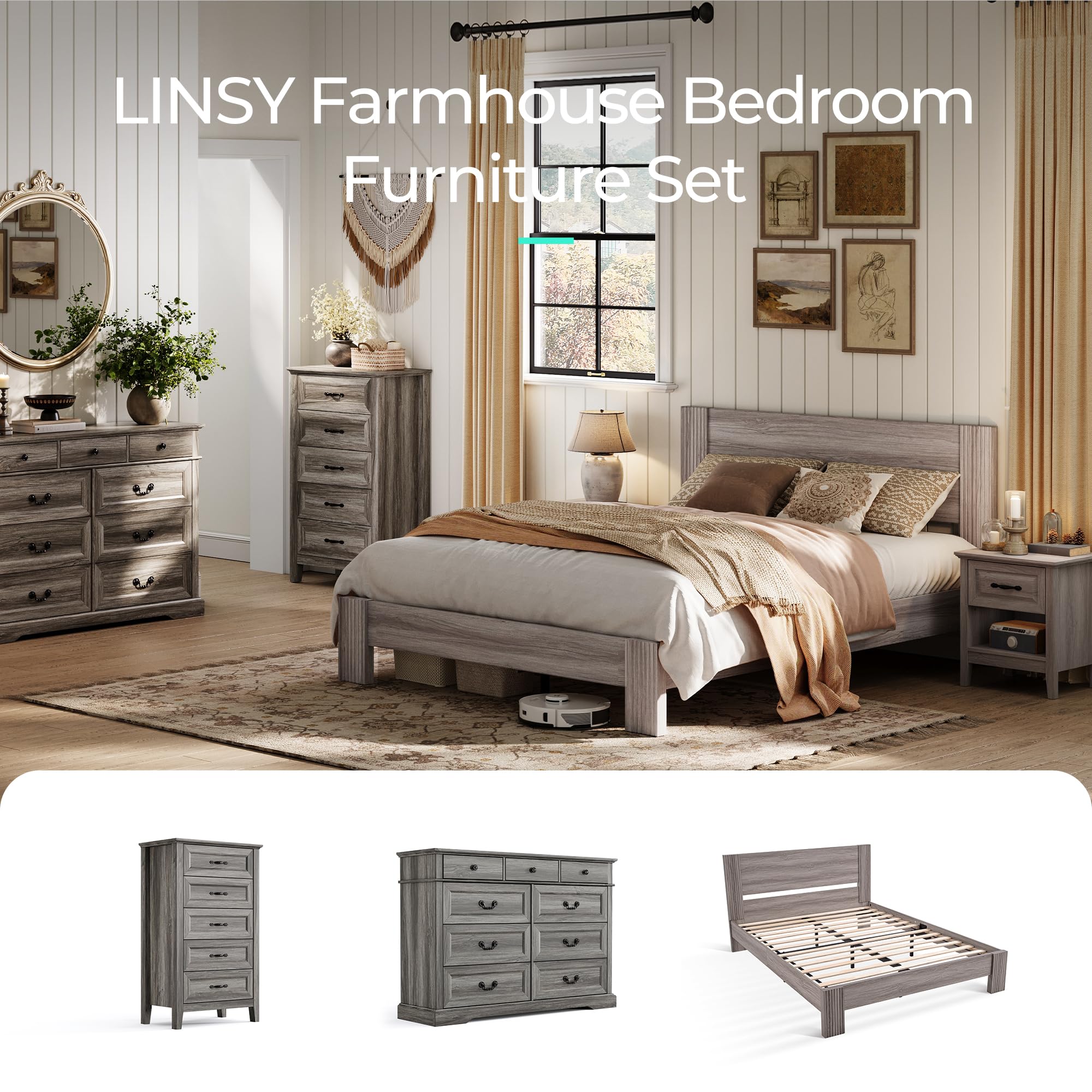 LINSY 3-Piece Farmhouse Bedroom Set - Queen Size Wood Bed Frame with Headboard & 2 Nightstands - Beige Distressed Wood Furniture for Rustic Home Decor - Perfect for Master Bedroom, Guest Room or Vacation Home