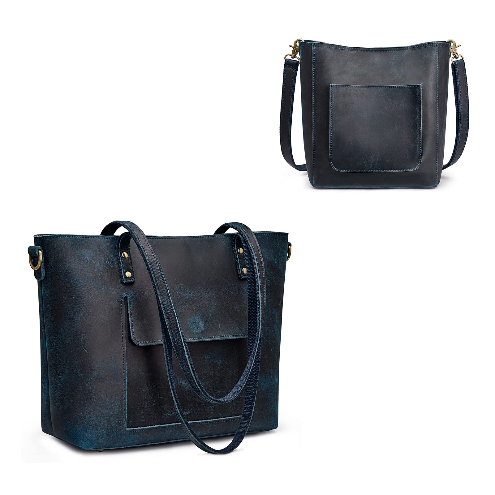 S-ZONE Women's Genuine Leather Tote Bag & Distressed Shoulder Bucket Purse Set - Stylish Handbag Bundle for Work, Travel and Everyday Use